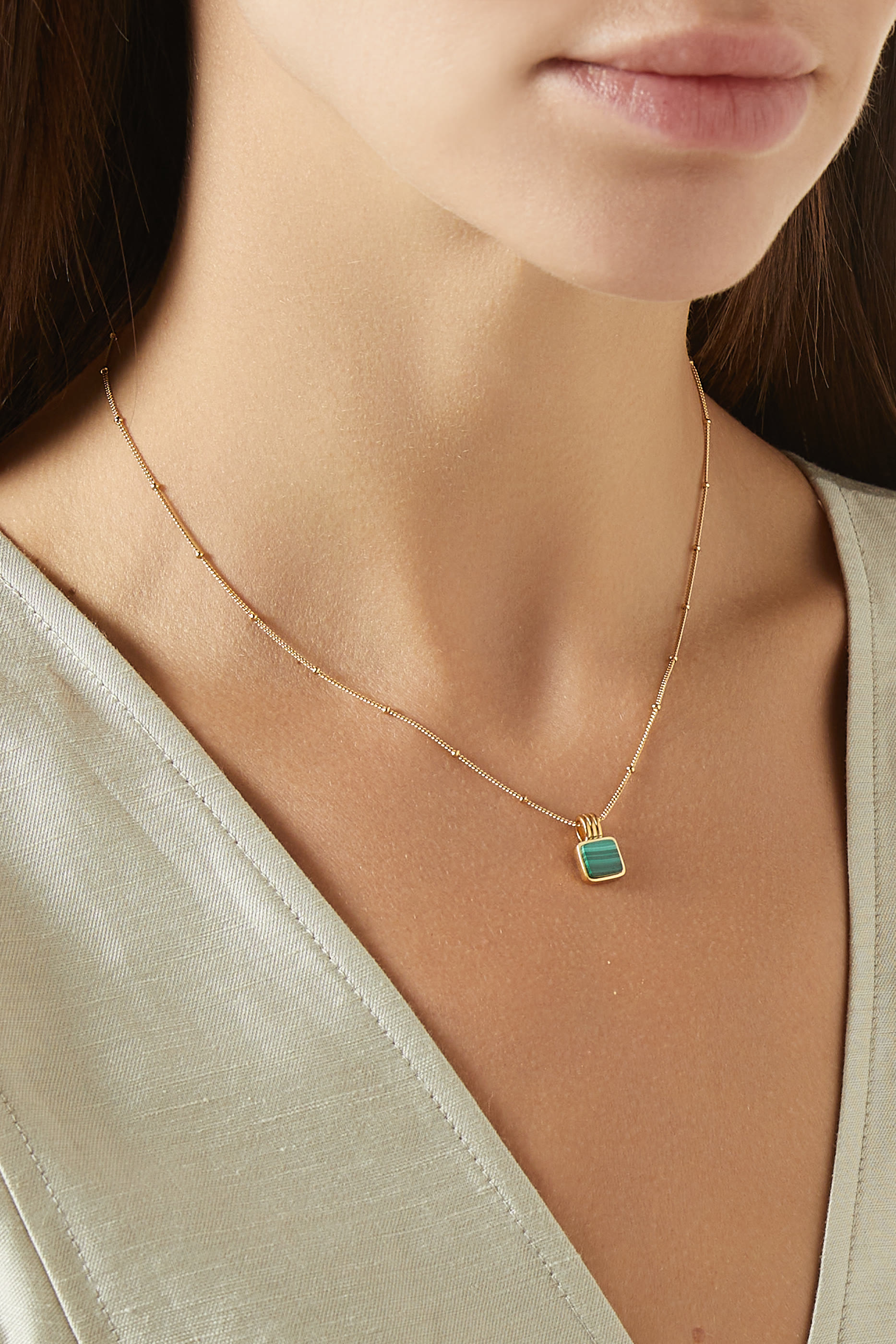  Lucy Williams Square Malachite Necklace, 18k Gold Plated Vermeil on Sterling Silver