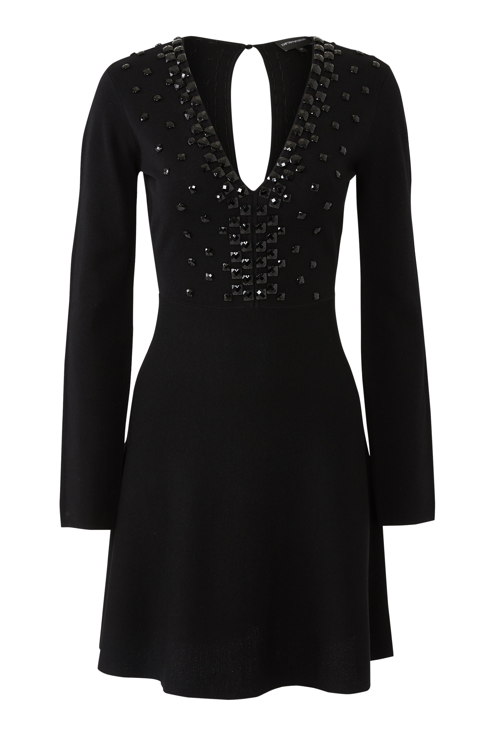 Milano-Stitch Fabric, V-Neck Dress with Cabochon Gemstones