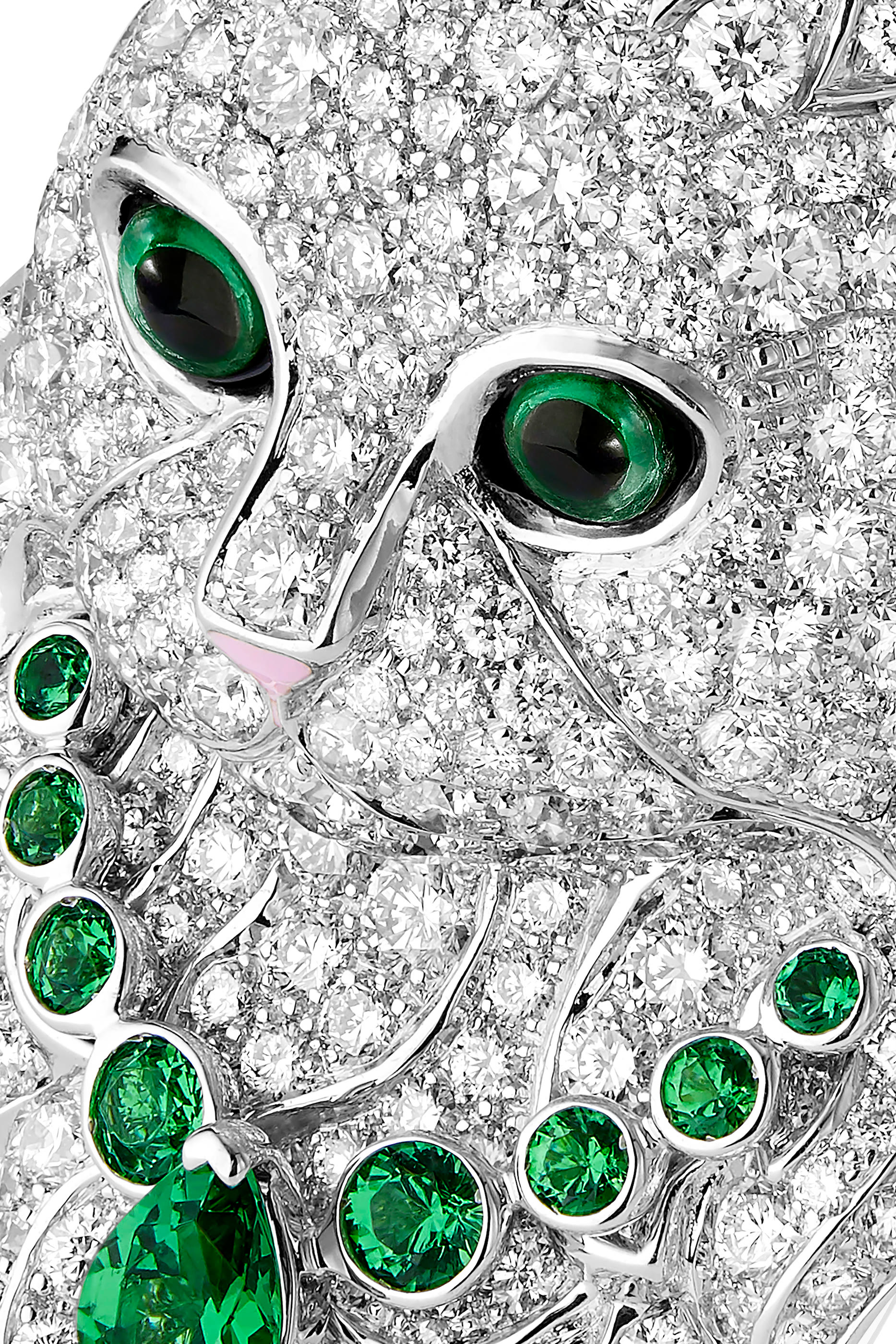 Wladimir the Cat Ring, 18k White Gold & Tsavorite, Diamonds