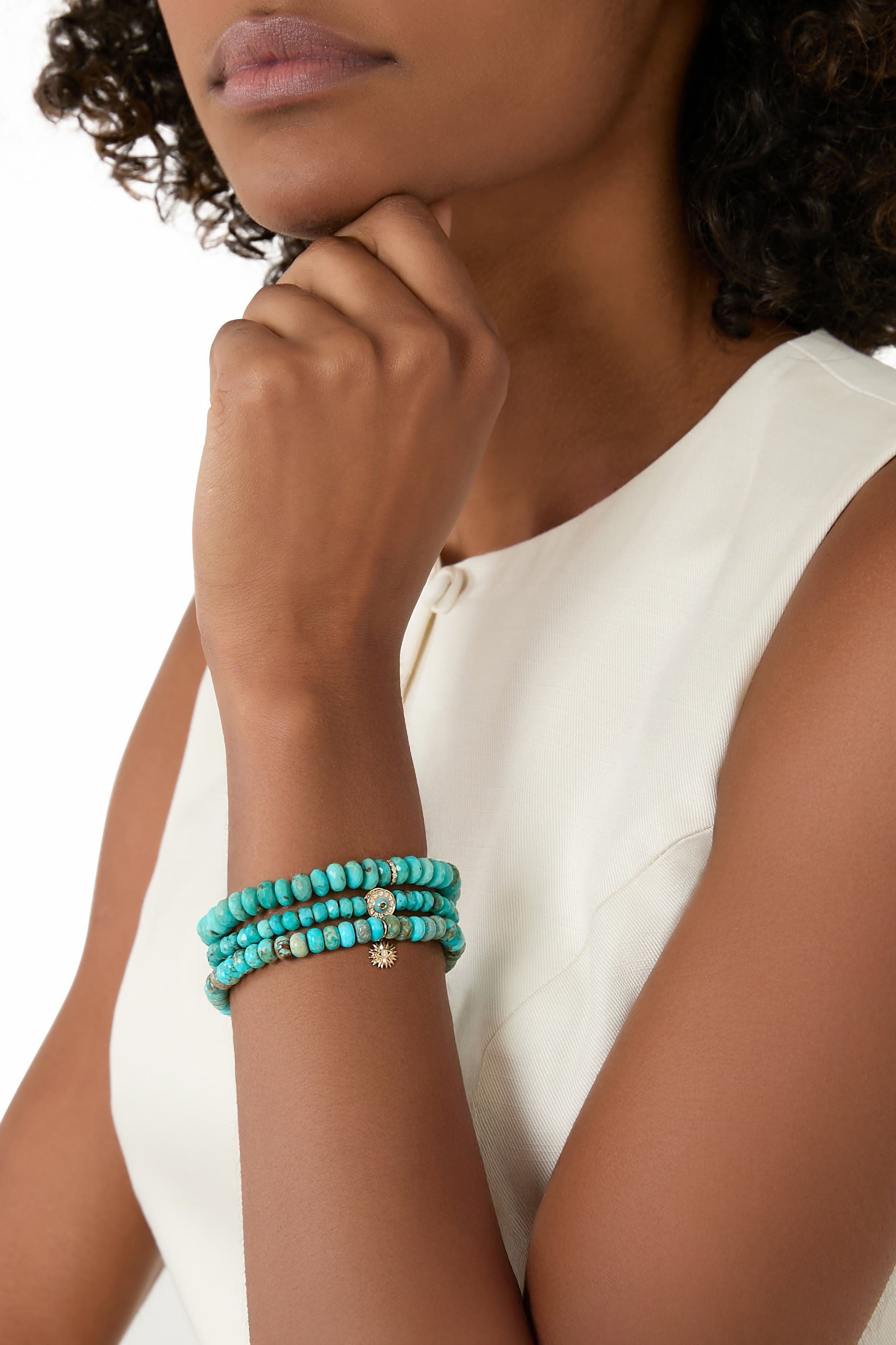 Rondelle Beaded Bracelet, 14K Yellow Gold with Diamonds & Turquoise Beads