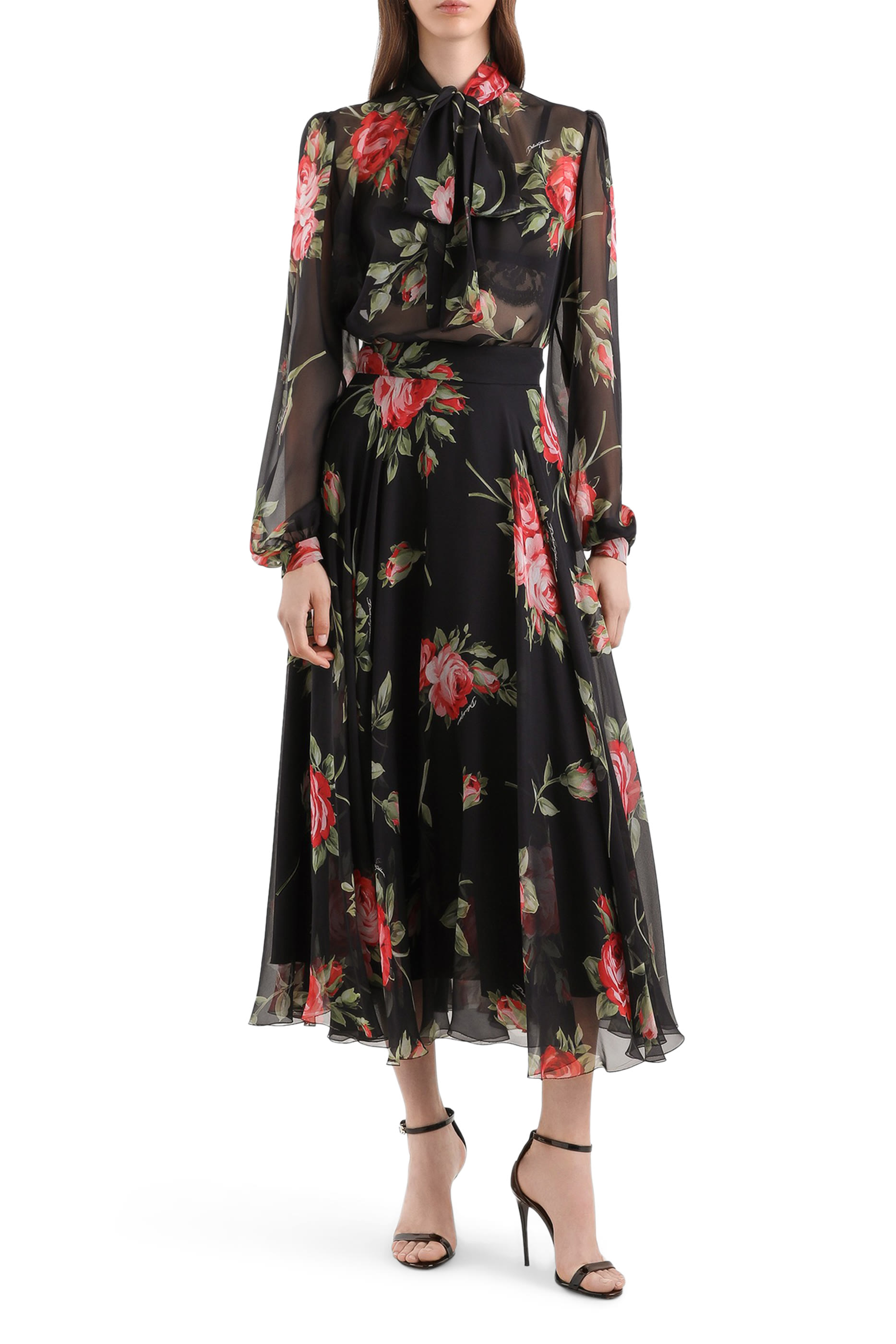 Rose Bouquet-Print Chiffon Circle Skirt