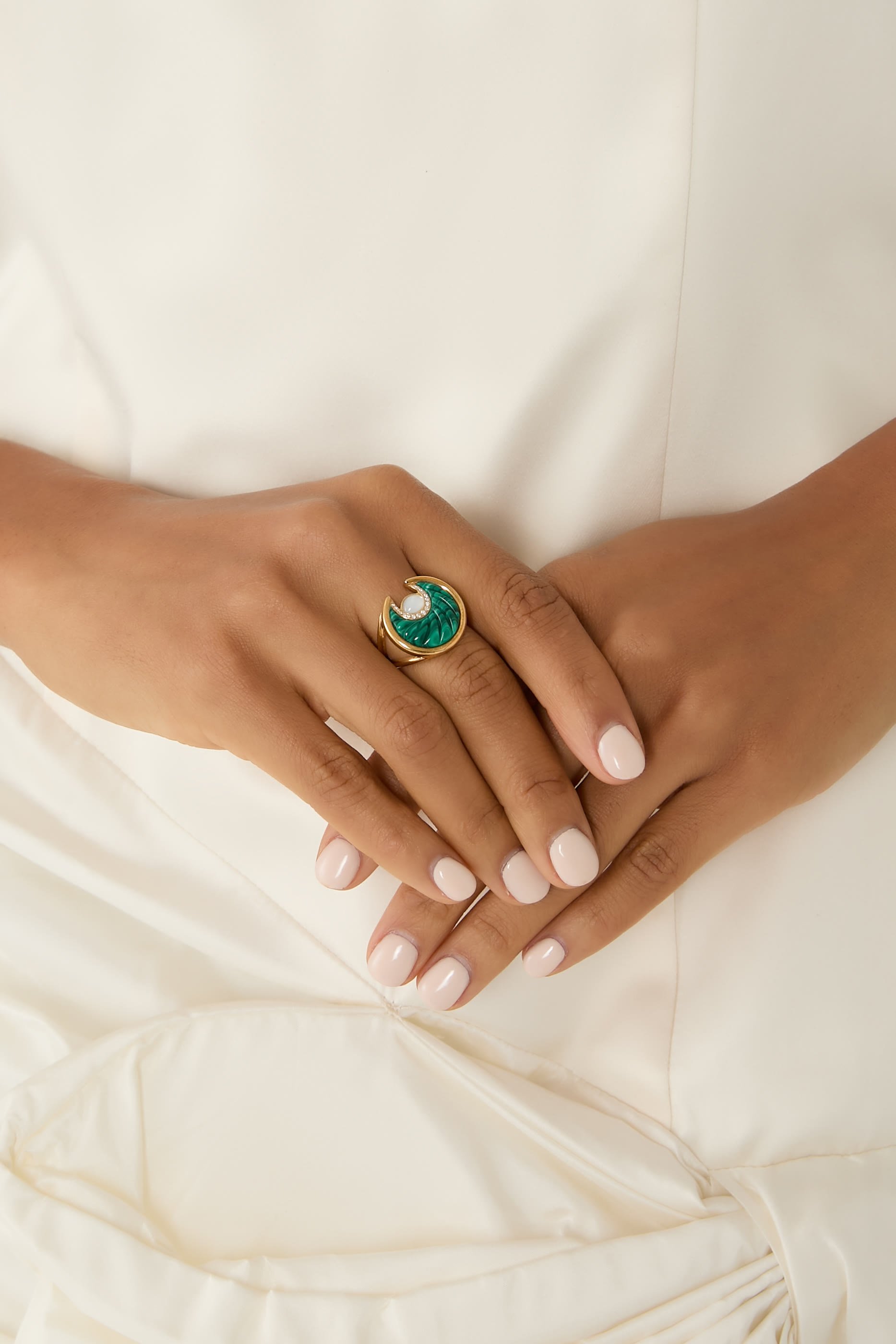 Circus Moon Ring, 18k Yellow Gold with Diamonds, Malachite & Mother of Pearl
