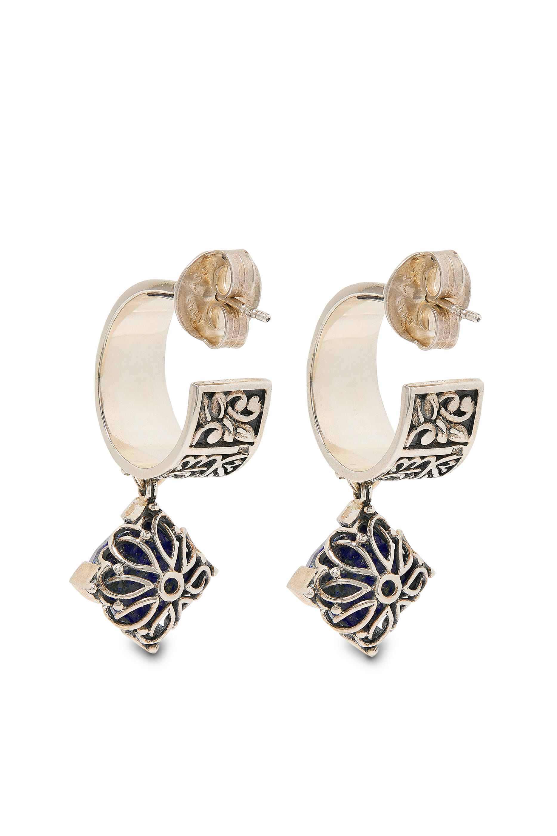 Blessing, Happiness, Safety Calligraphy Hoop Earrings, 18k Yellow Gold & Sterling Silver