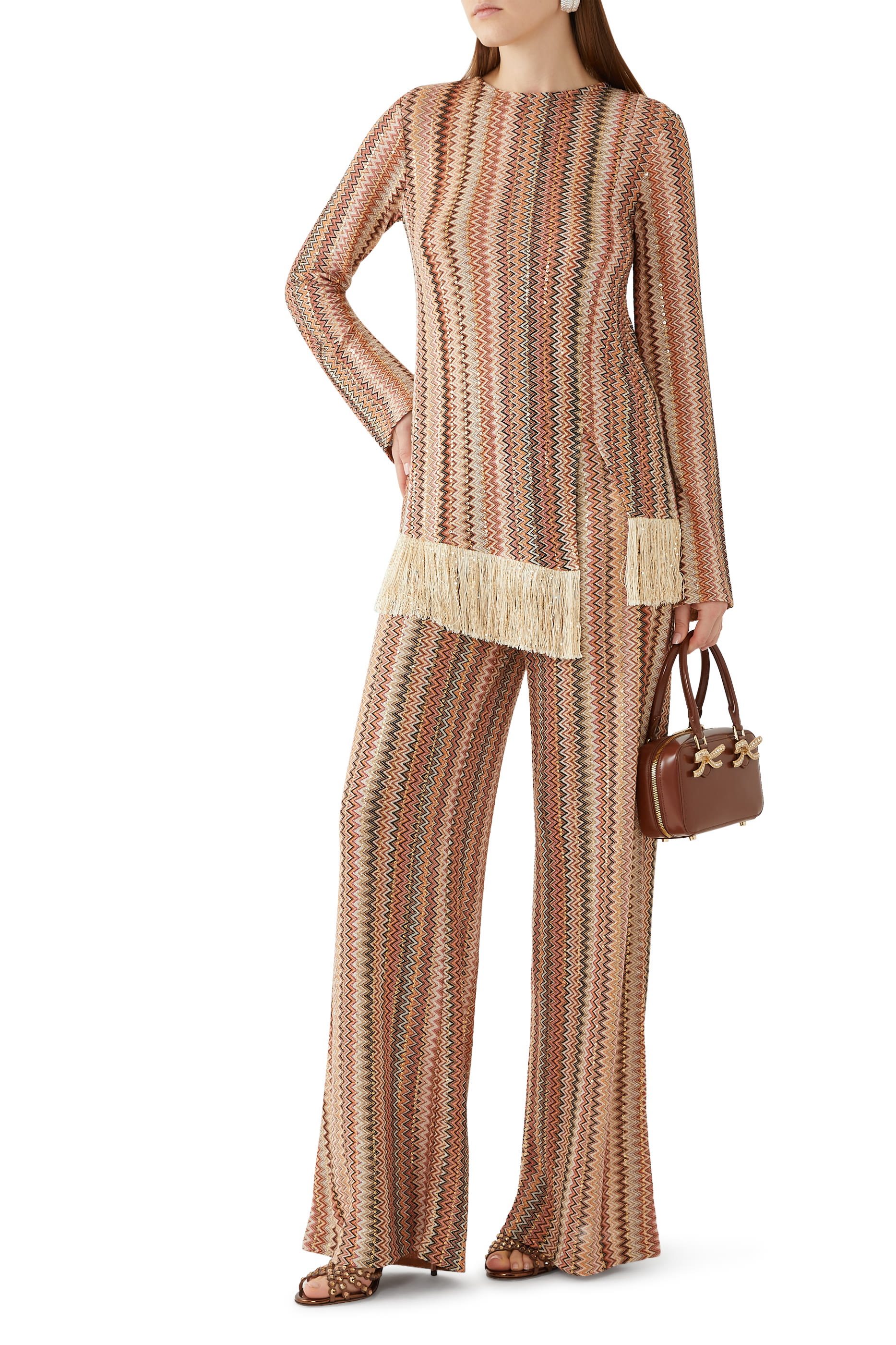 Exclusive Chevron Raschel Sequinned Asymmetrical Fringed Top