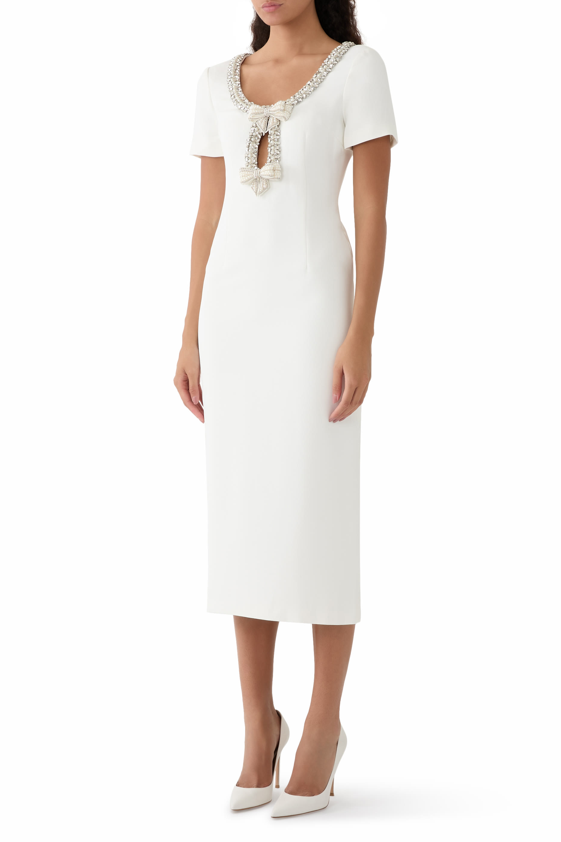 White Crepe Bow Midi Dress