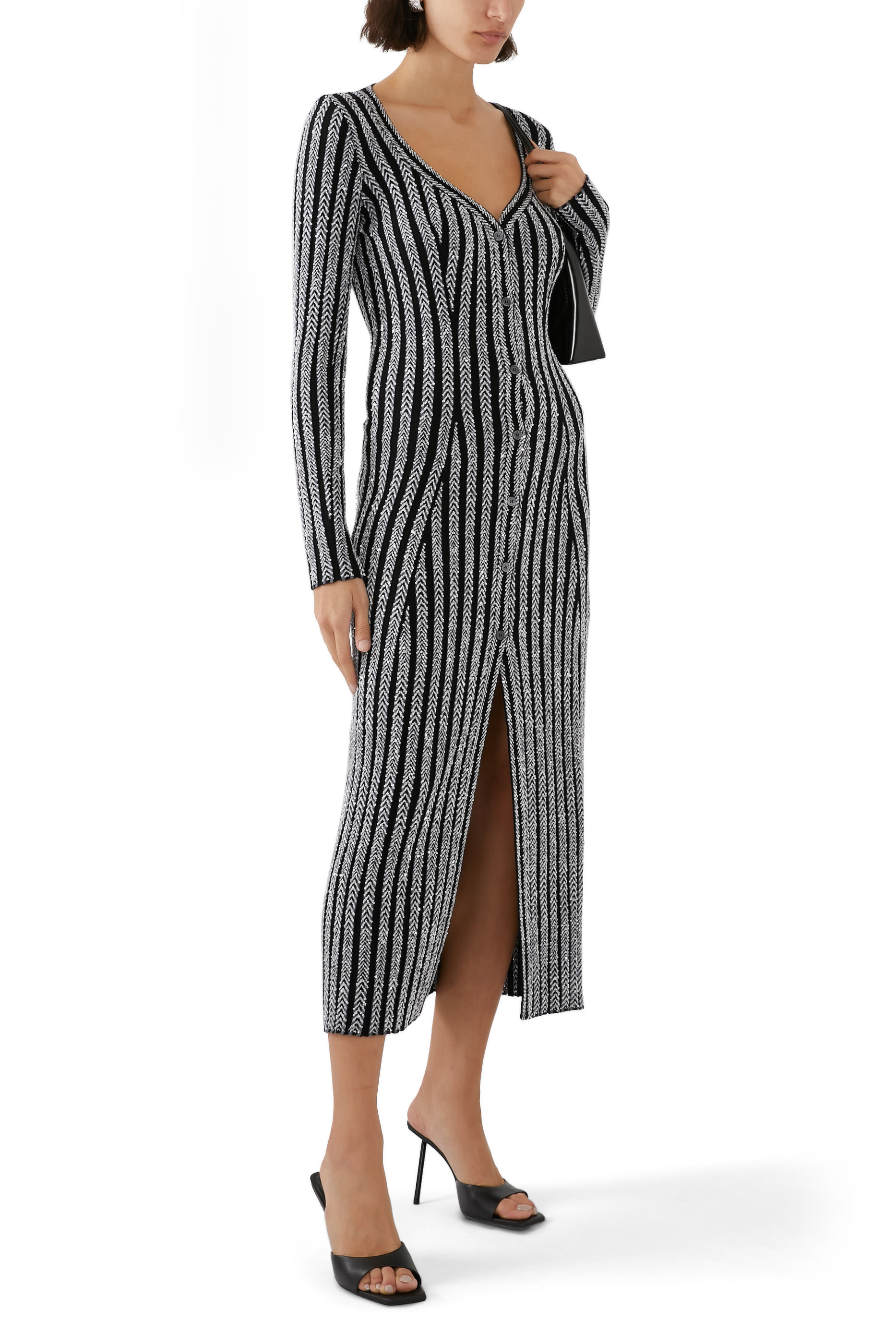 Solid Partialized Sequinned Knit Maxi Cardigan