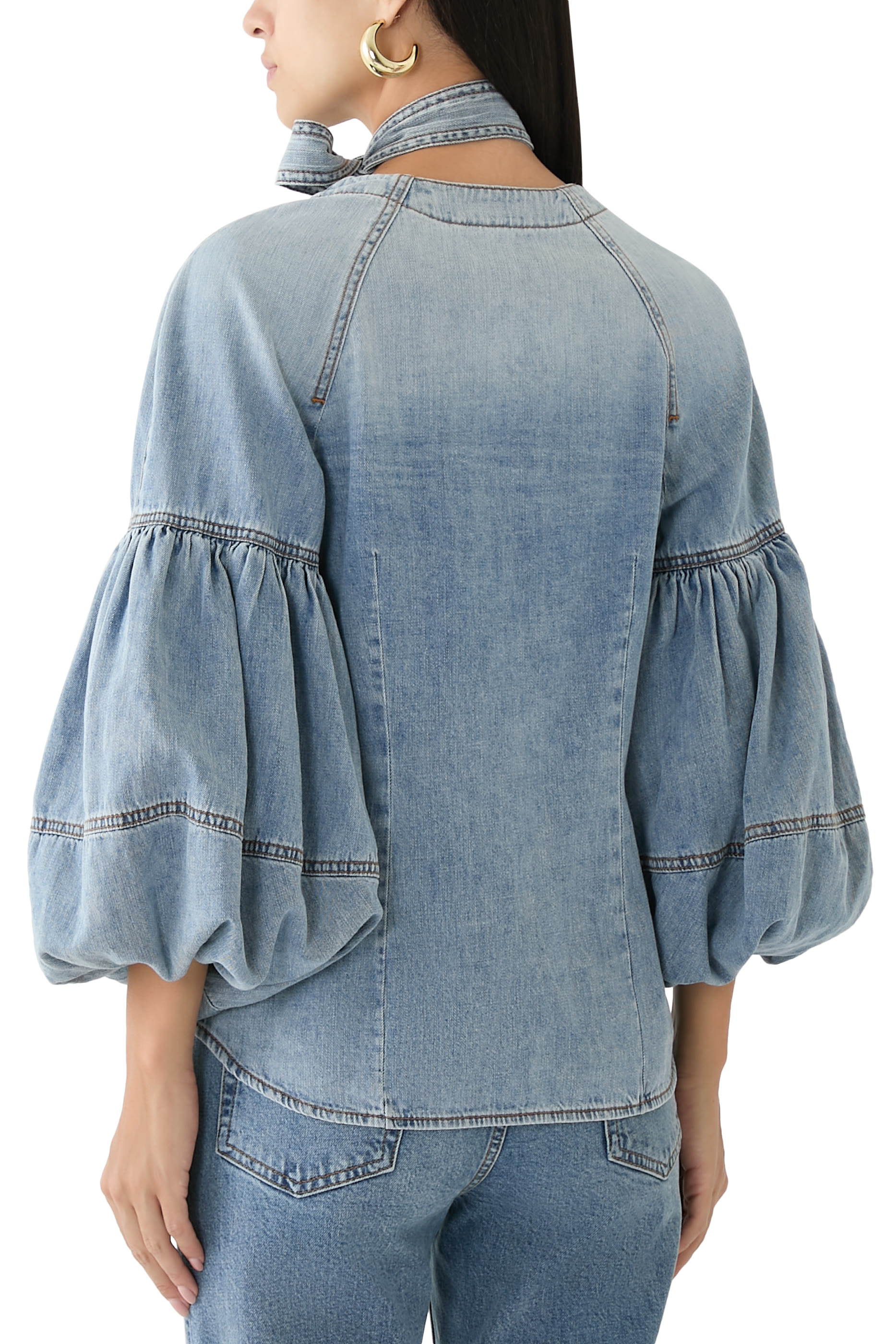 Tie Neck Denim Blouse