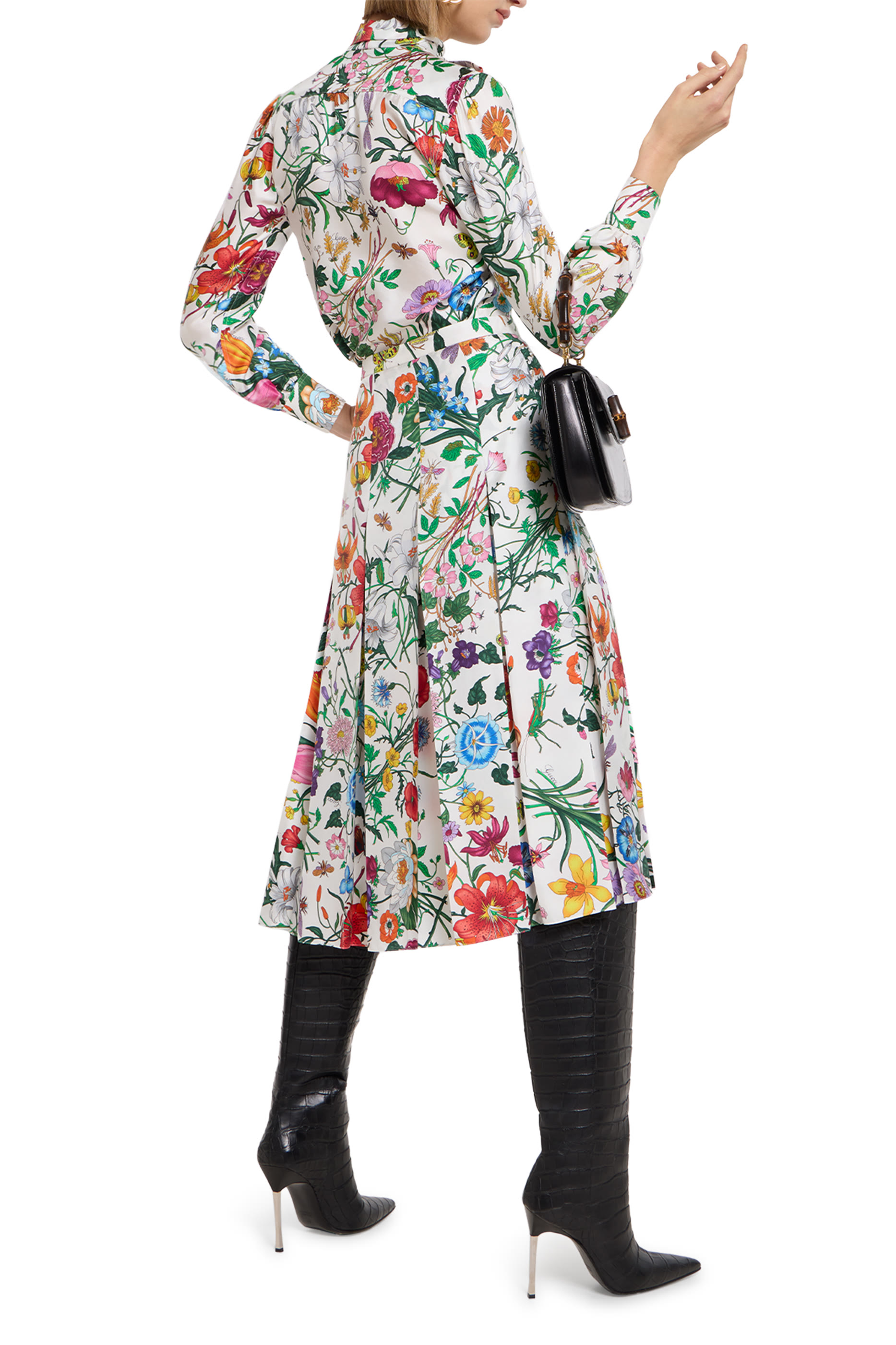 All-Over Flora Print Silk Twill Pleated Skirt