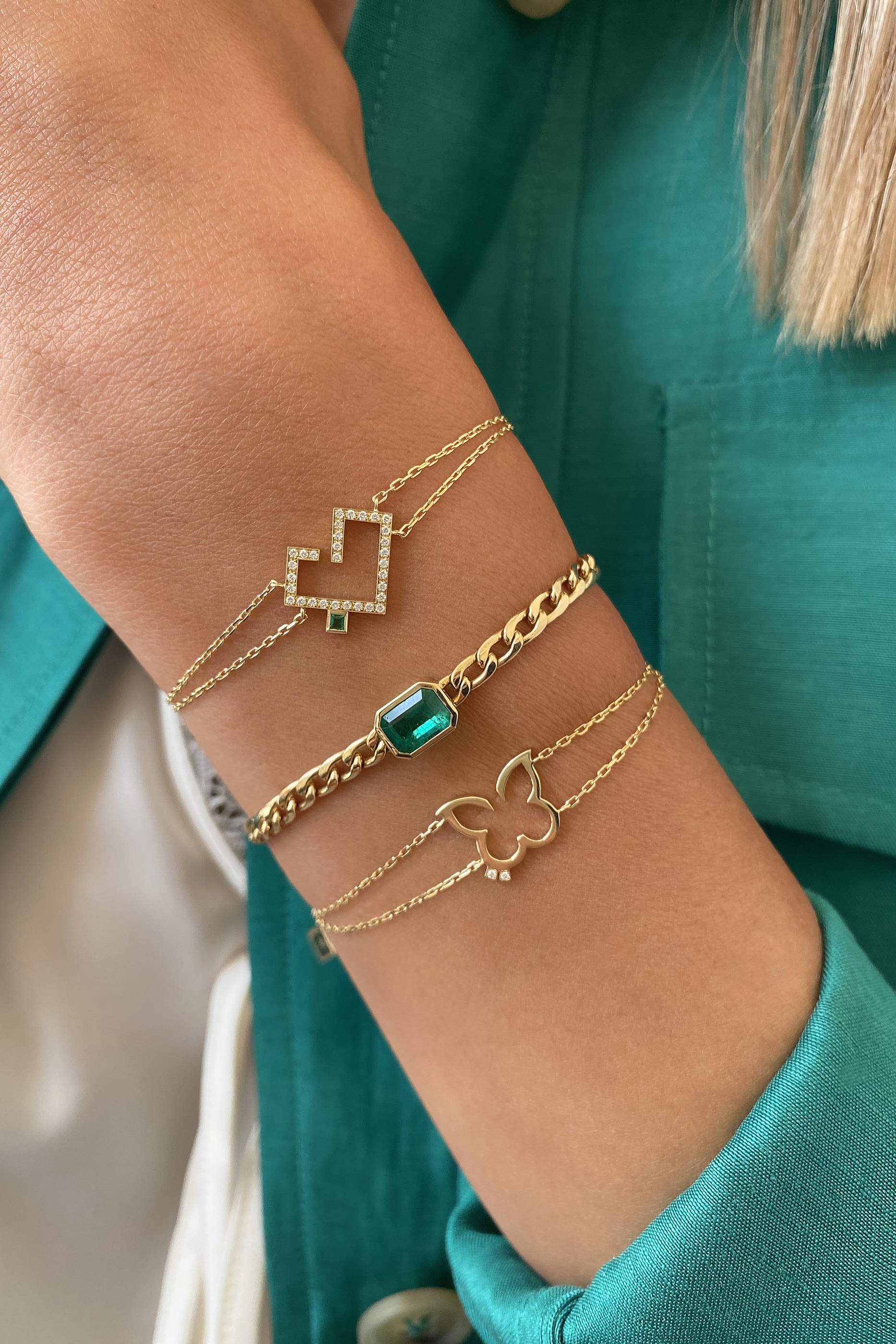 Hubb Bracelet, 18k Yellow Gold with Emerald & Diamonds