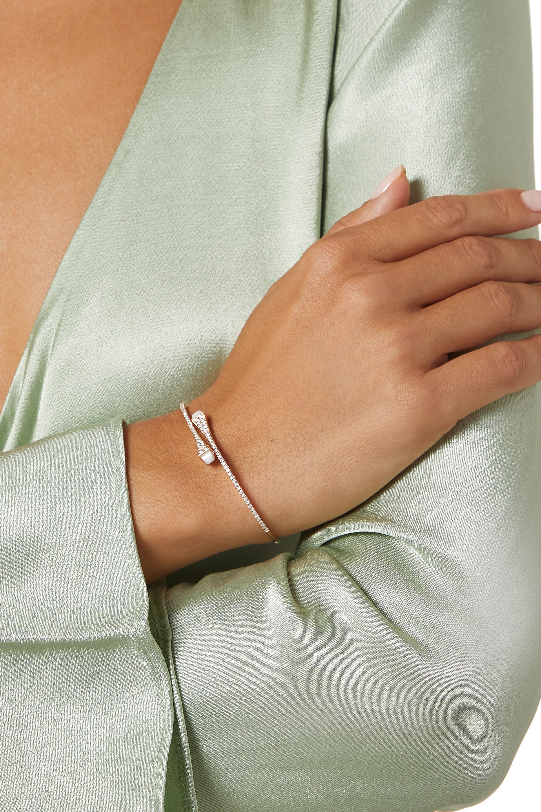 Cleo Slim Bangle, 18k Pink Gold with White Agate & Diamonds