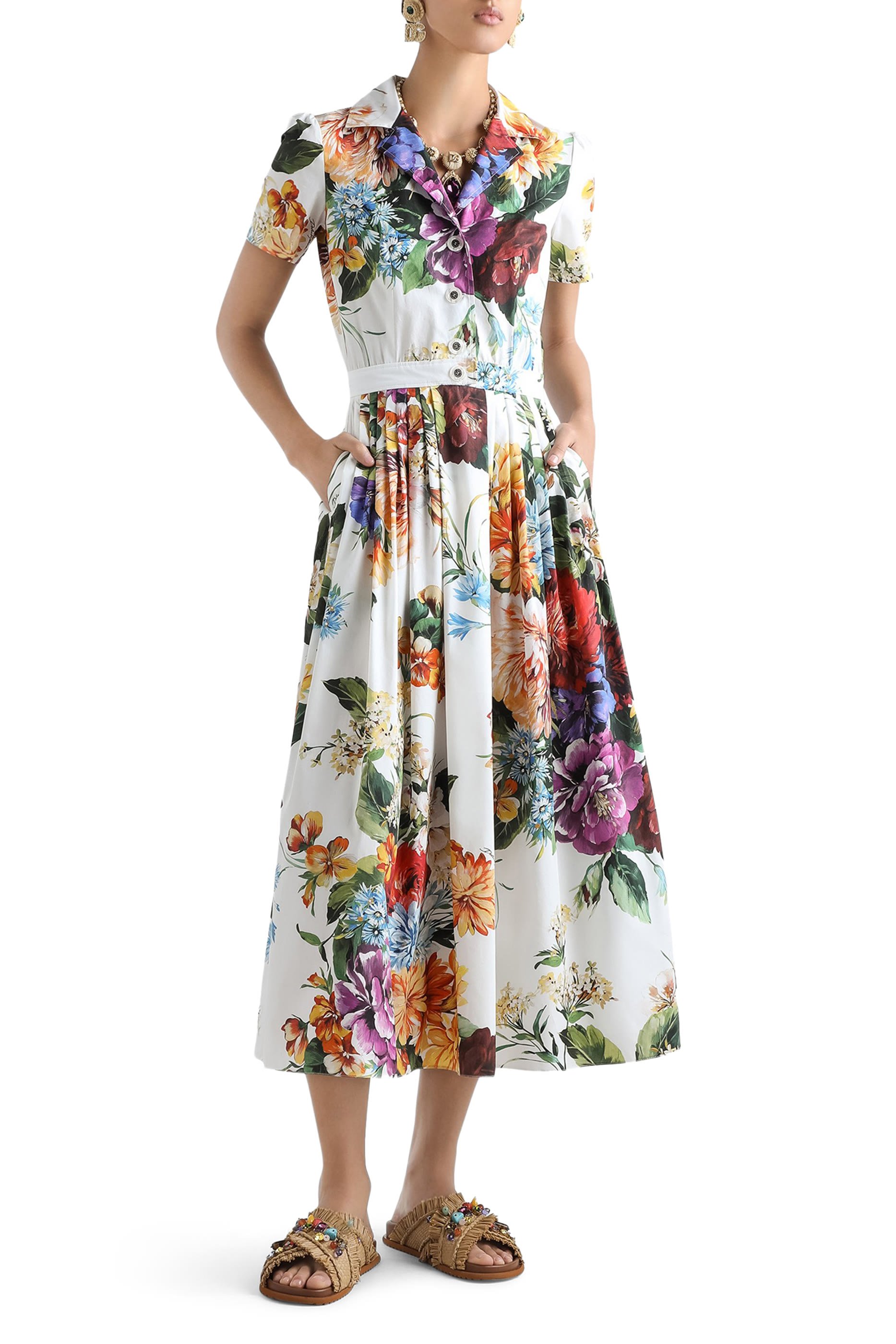 Flower Bouquet-Print Poplin Dress