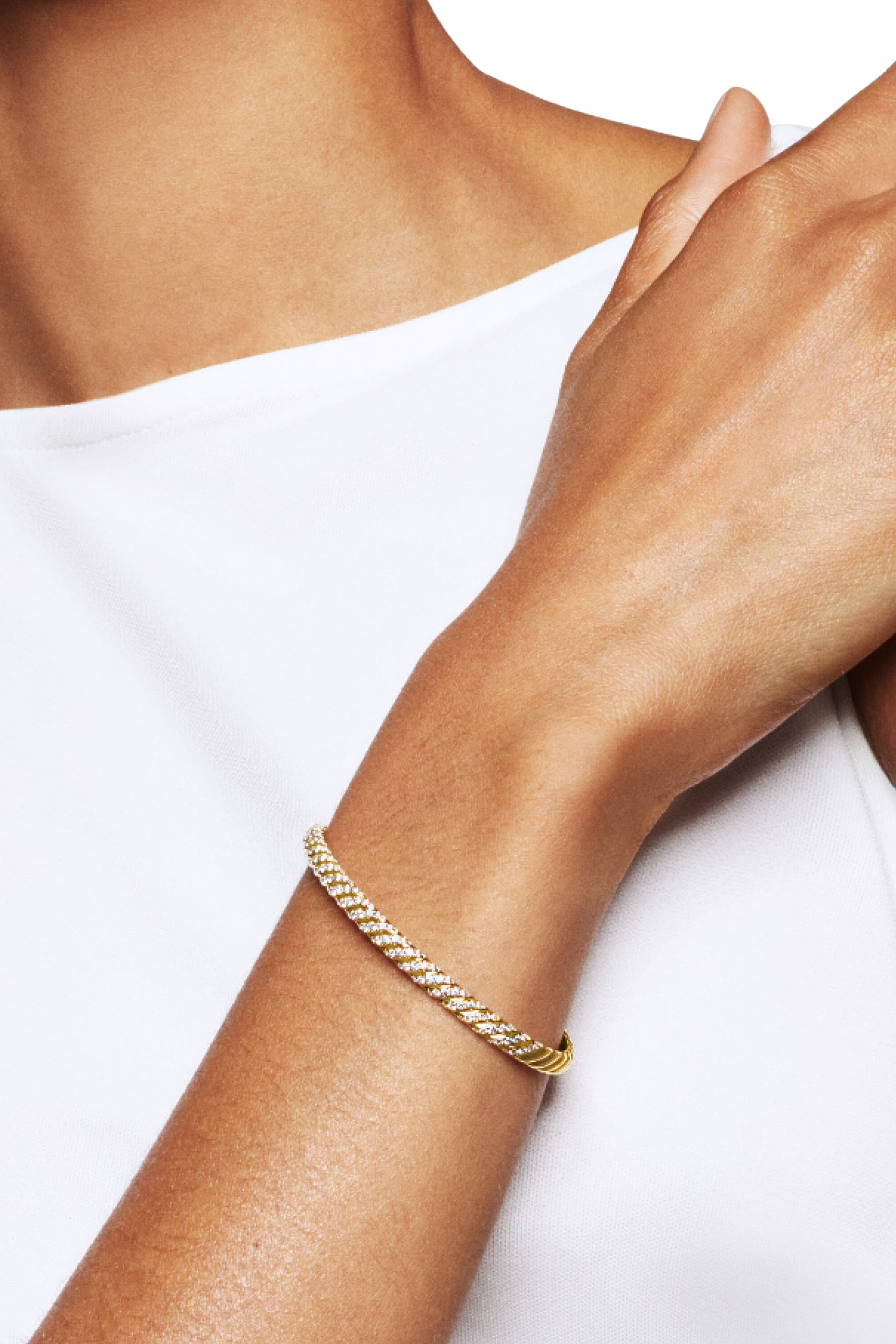 Sculpted Cable Bangle Bracelet, 18k Yellow Gold & Diamonds