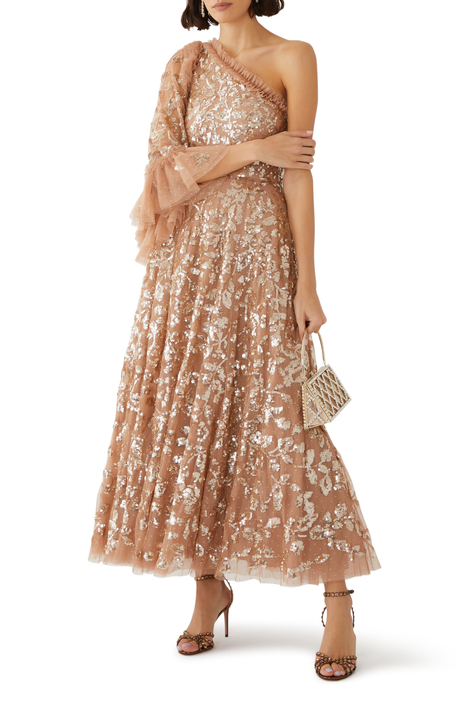 Falling Leaves One-Shoulder Ankle Gown