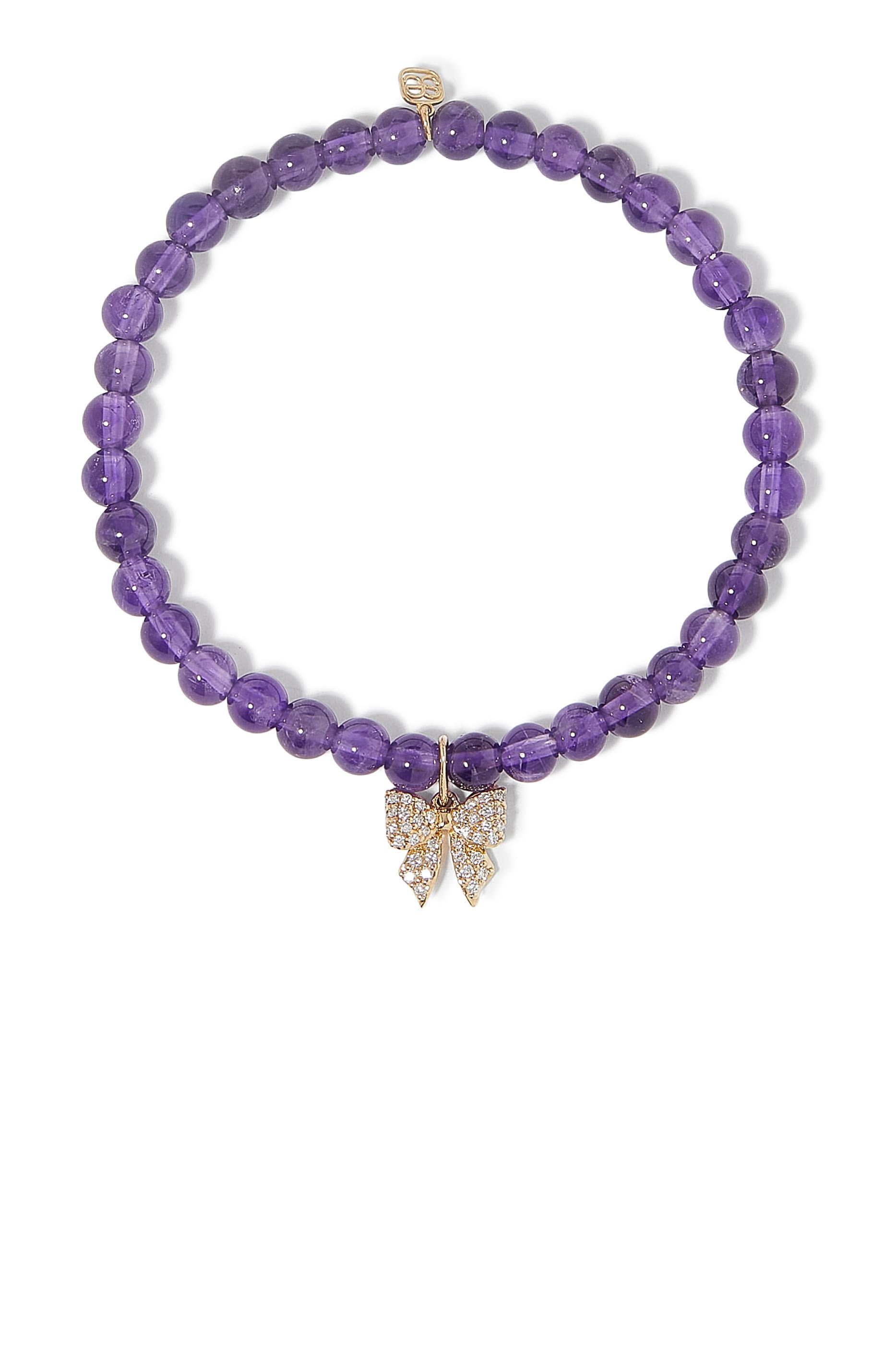 Kids Bow Charm Beaded Bracelet, 14K Yellow Gold &amp;  Amethyst