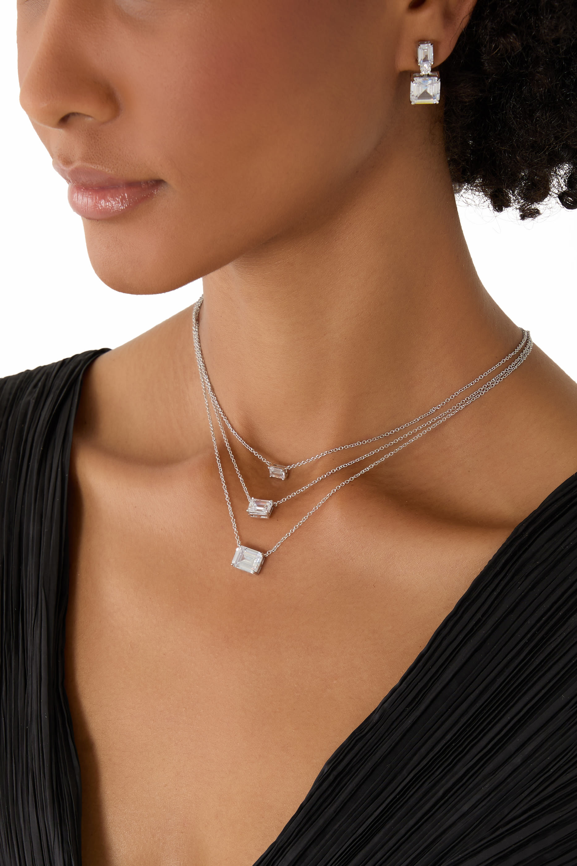  Triple Layered Pendant Necklace, Rhodium Plated Brass & Cubic Zirconia