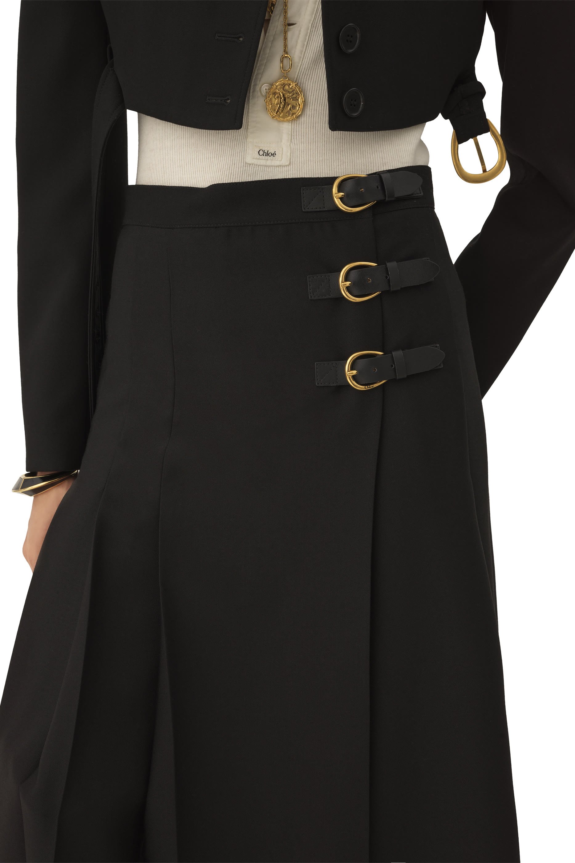 Buckled Leather Tabs Pleated Midi Skirt