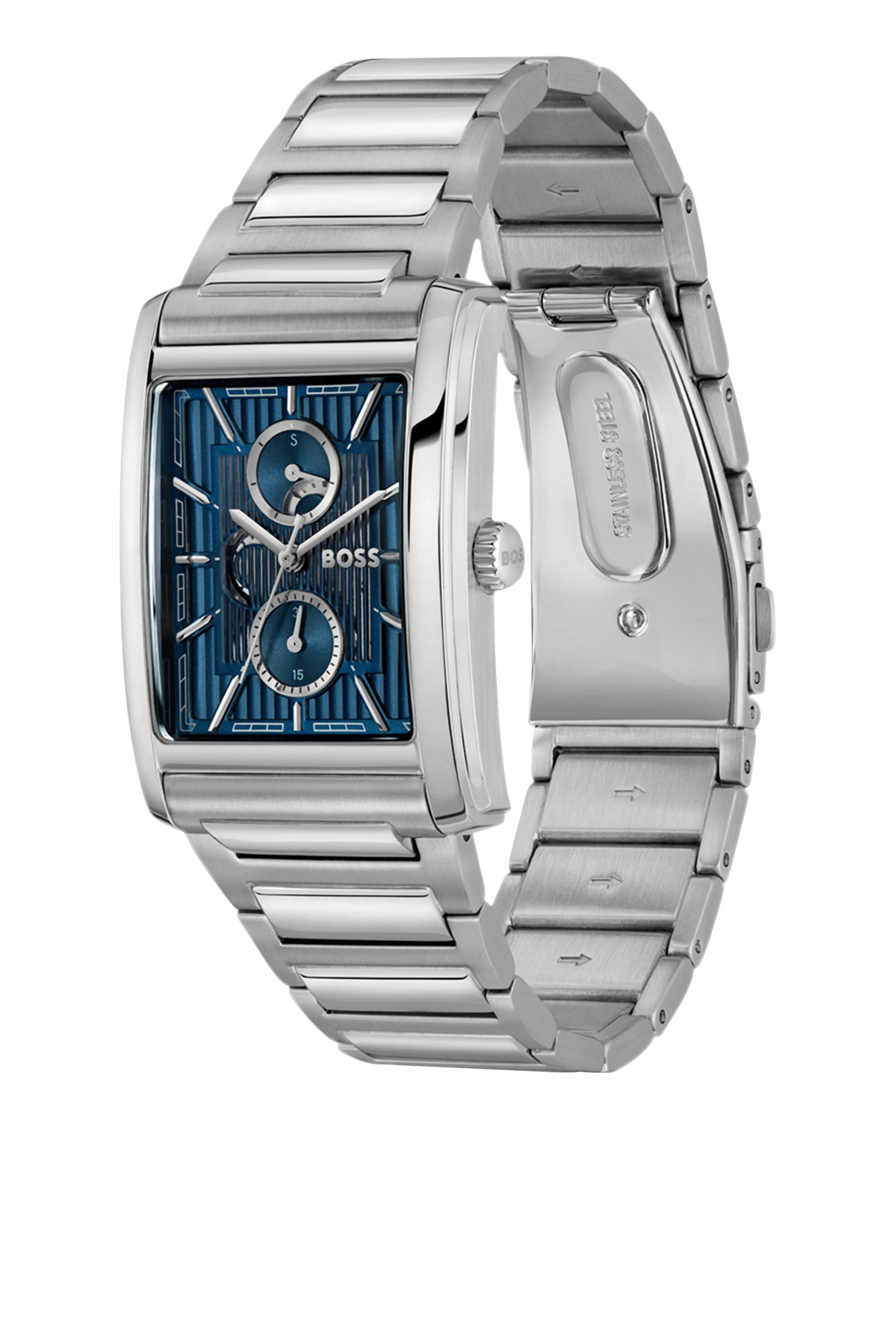 Link-Bracelet Watch with Blue Textured Skeleton Dial 