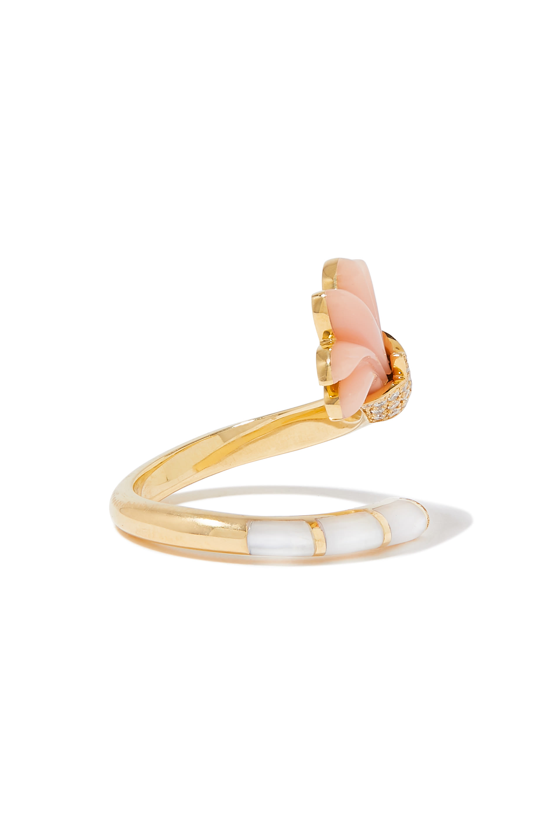 Psychedelia On A Vine Pinky Ring, 18k Yellow Gold with Pink Coral, Mother of Pearl and Diamonds