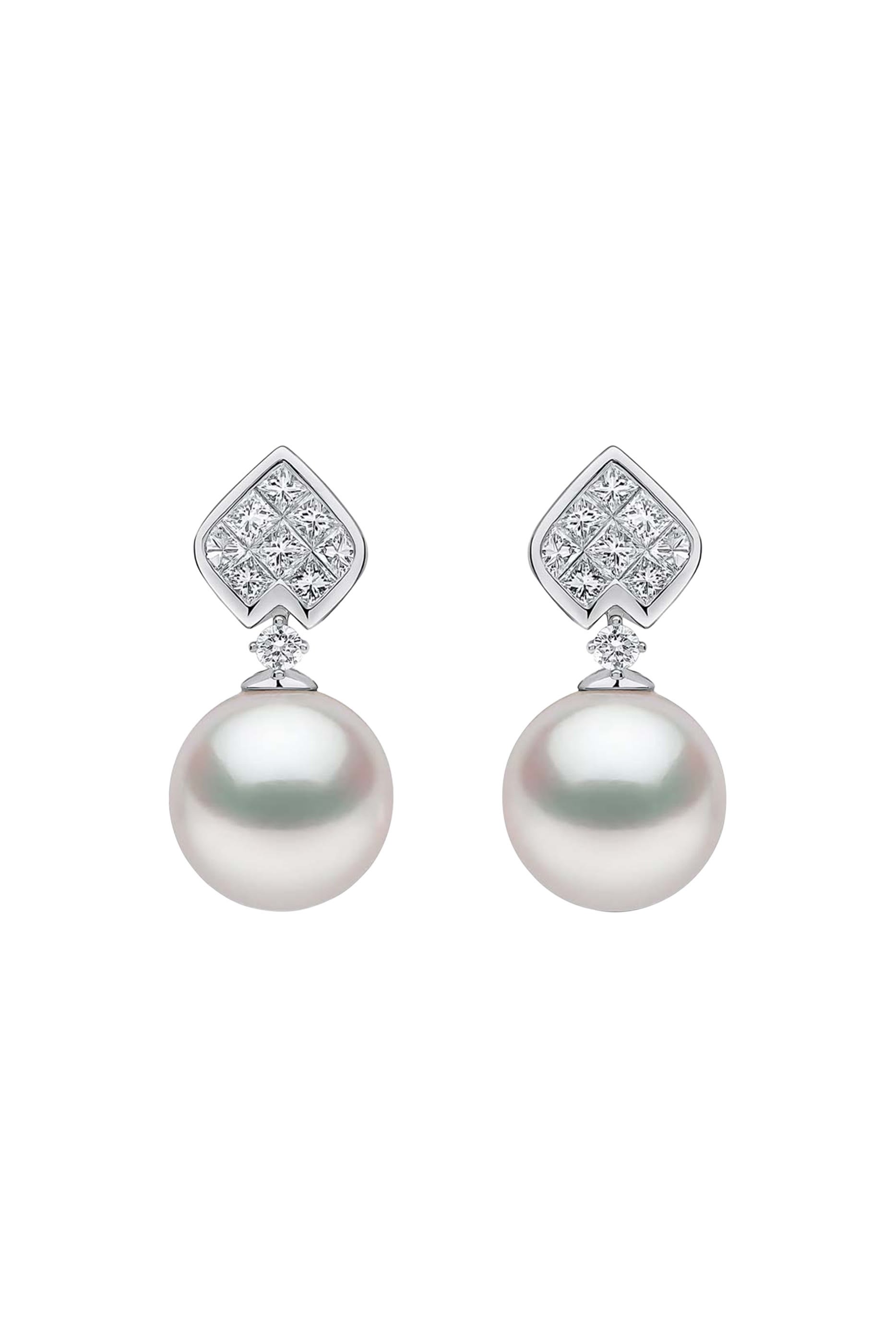 Duchess Motif Earrings, 18K White Gold with South Sea Pearls & Diamonds