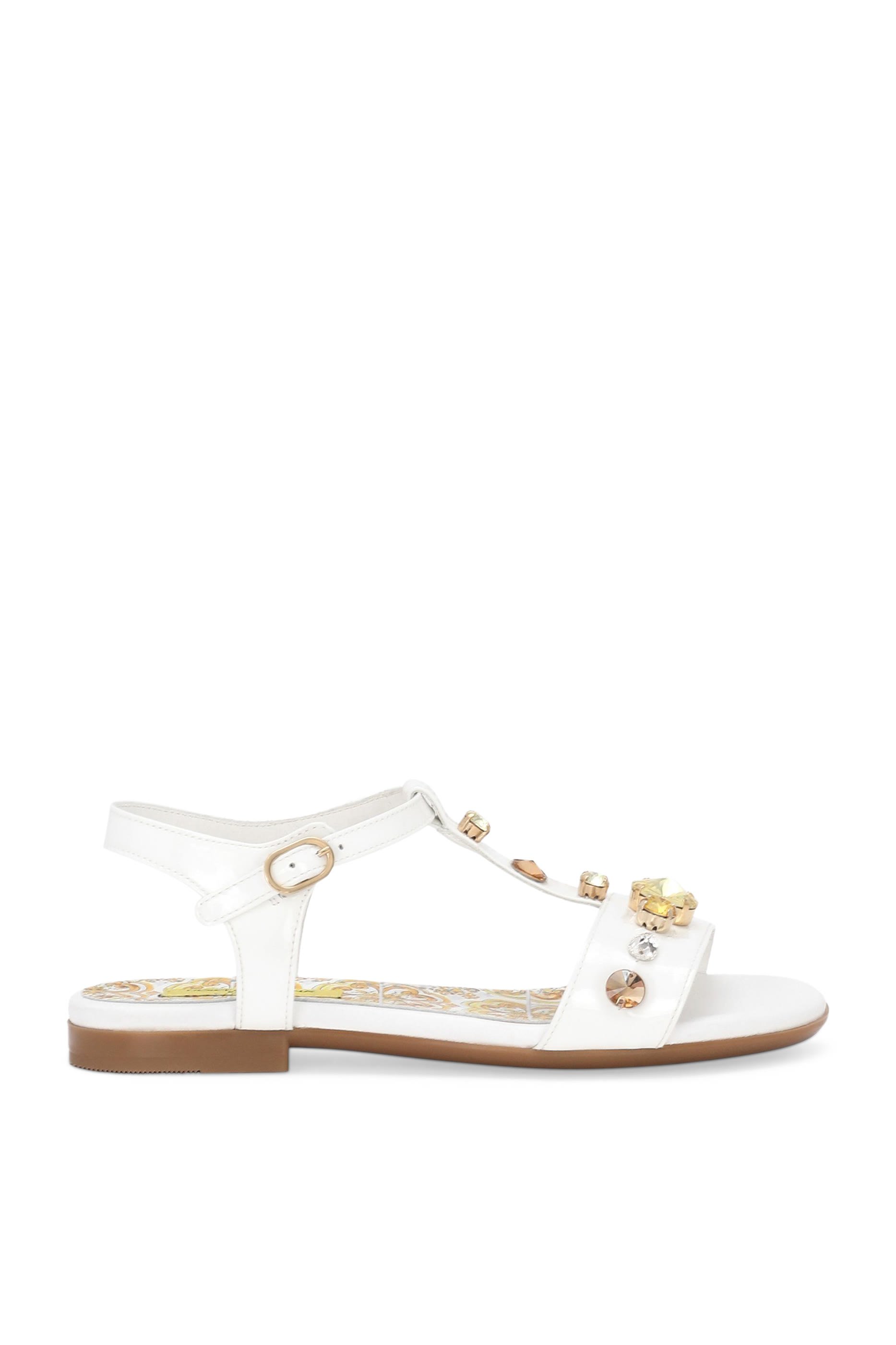 Kids Yellow Majolica Print and Swarovski Crystals Patent Leather Sandals