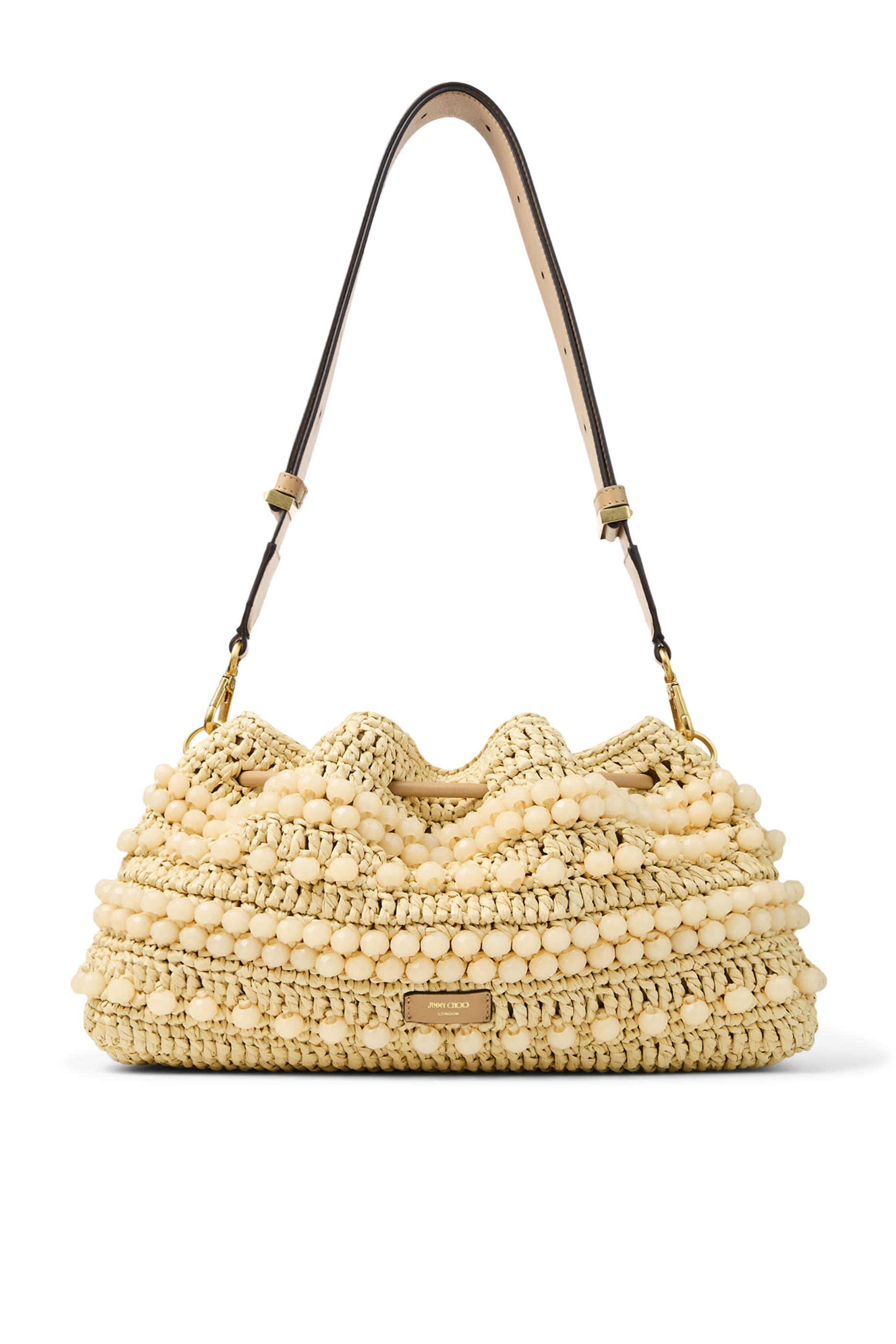 Cinch Beaded Raffia Bucket Bag