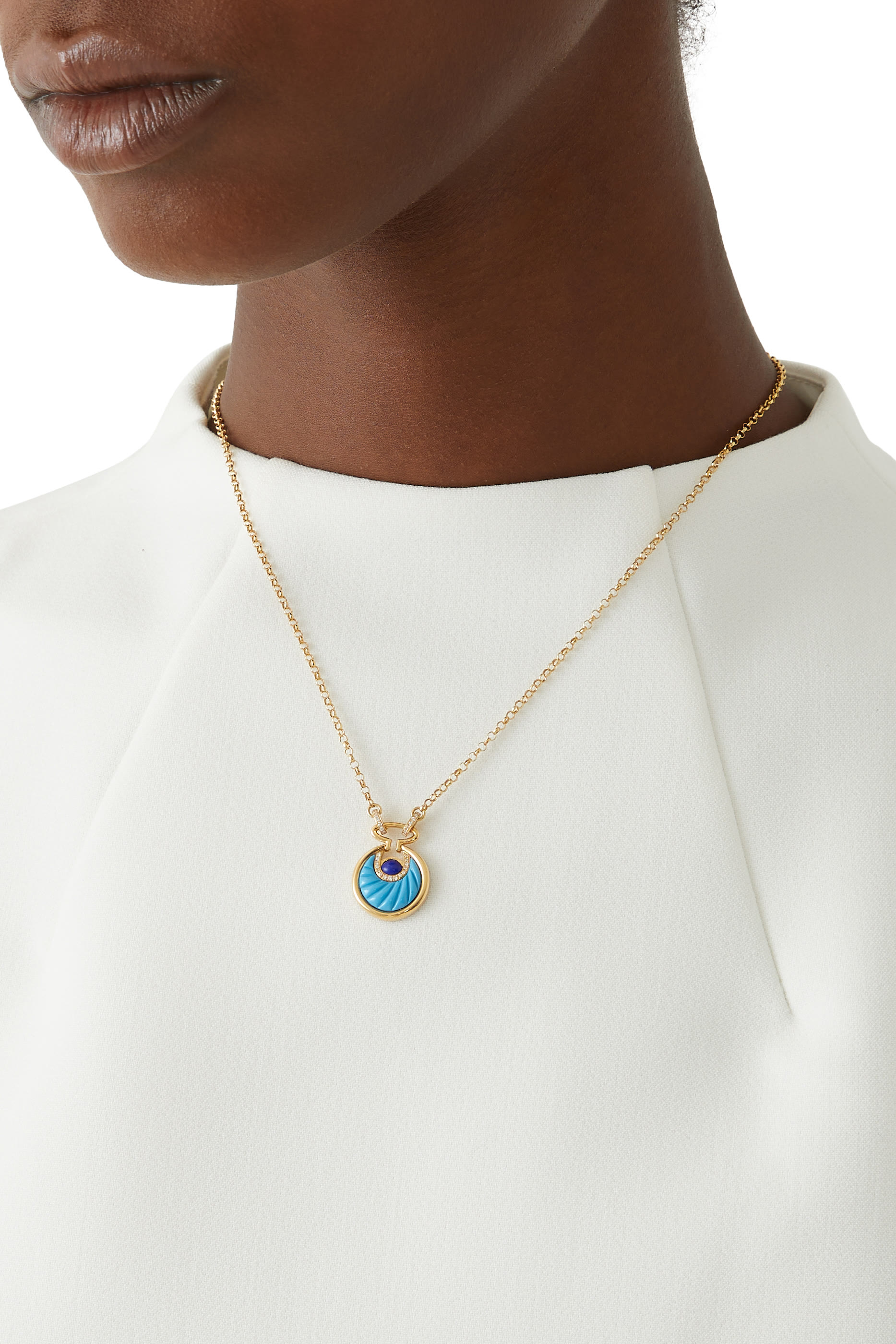 Circus Moon Necklace, 18k Yellow Gold with Diamonds, Turquoise & Lapis Lazuli