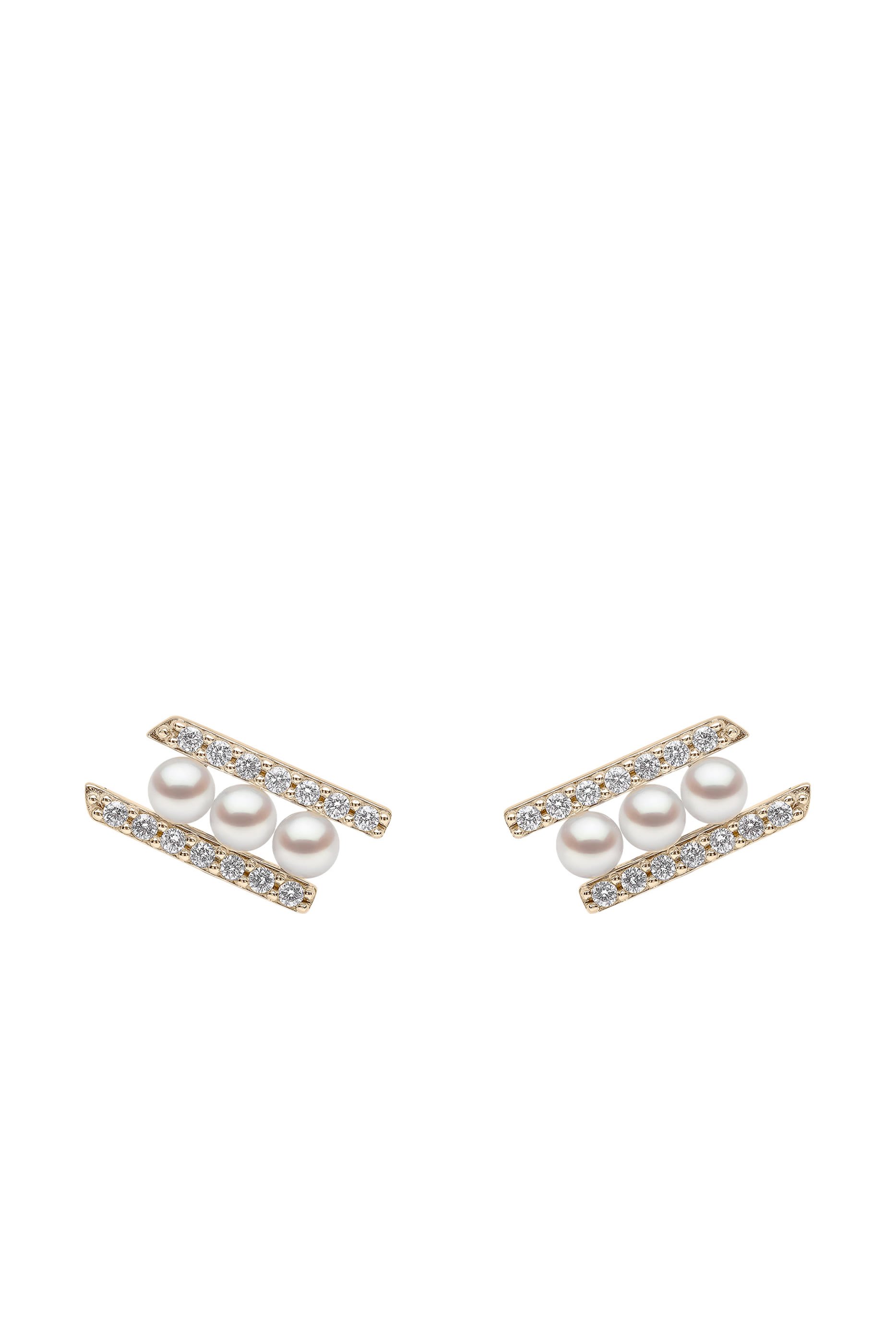 Sleek Bar Stud Earrings, 18k Yellow Gold with Akoya Pearls & Diamonds
