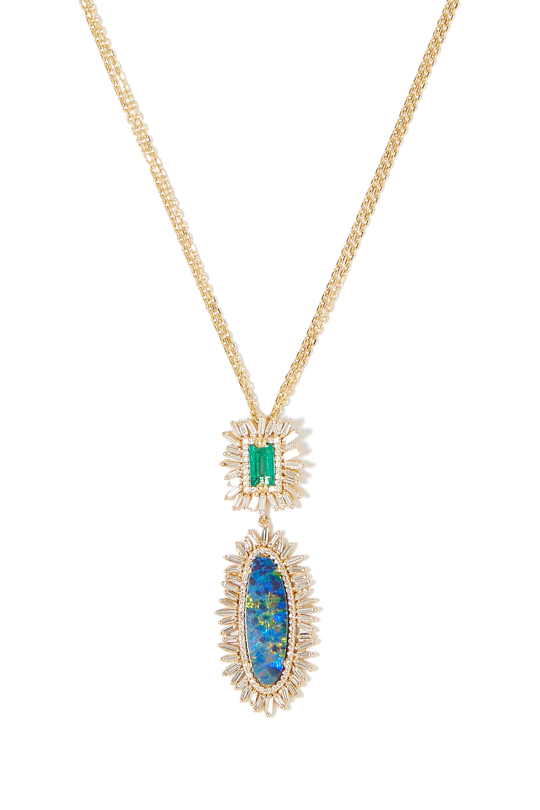Opal Baguette Necklace, 18k Yellow Gold with Emerald & Diamond