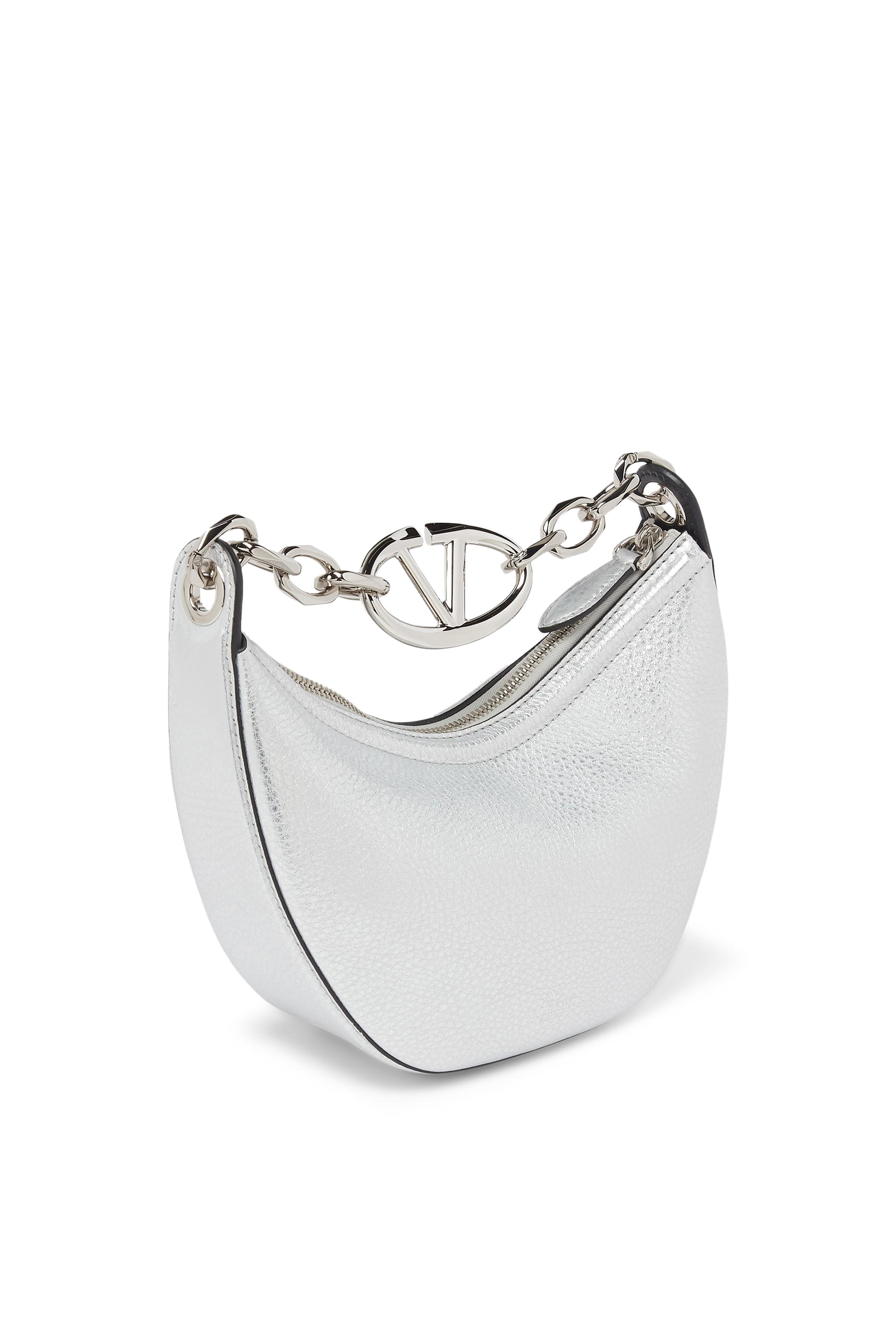 VLogo Metallic Grainy Calfskin Moon Mini Hobo Bag with Chain