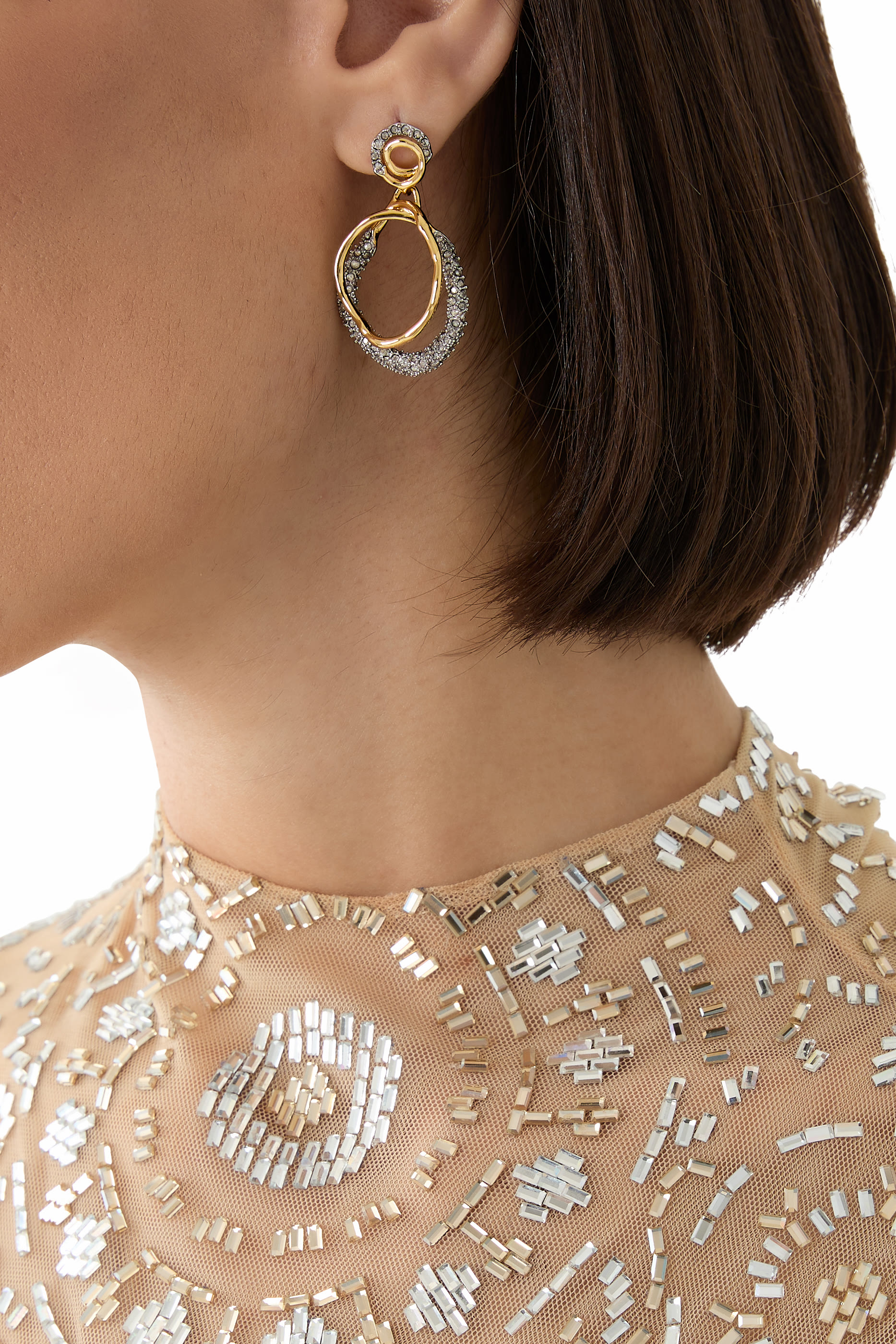 Solanales Crystal Orbit Drop Post Earrings, 14k Gold Plated Brass with Rhodium Tone Plated Brass & Crystal