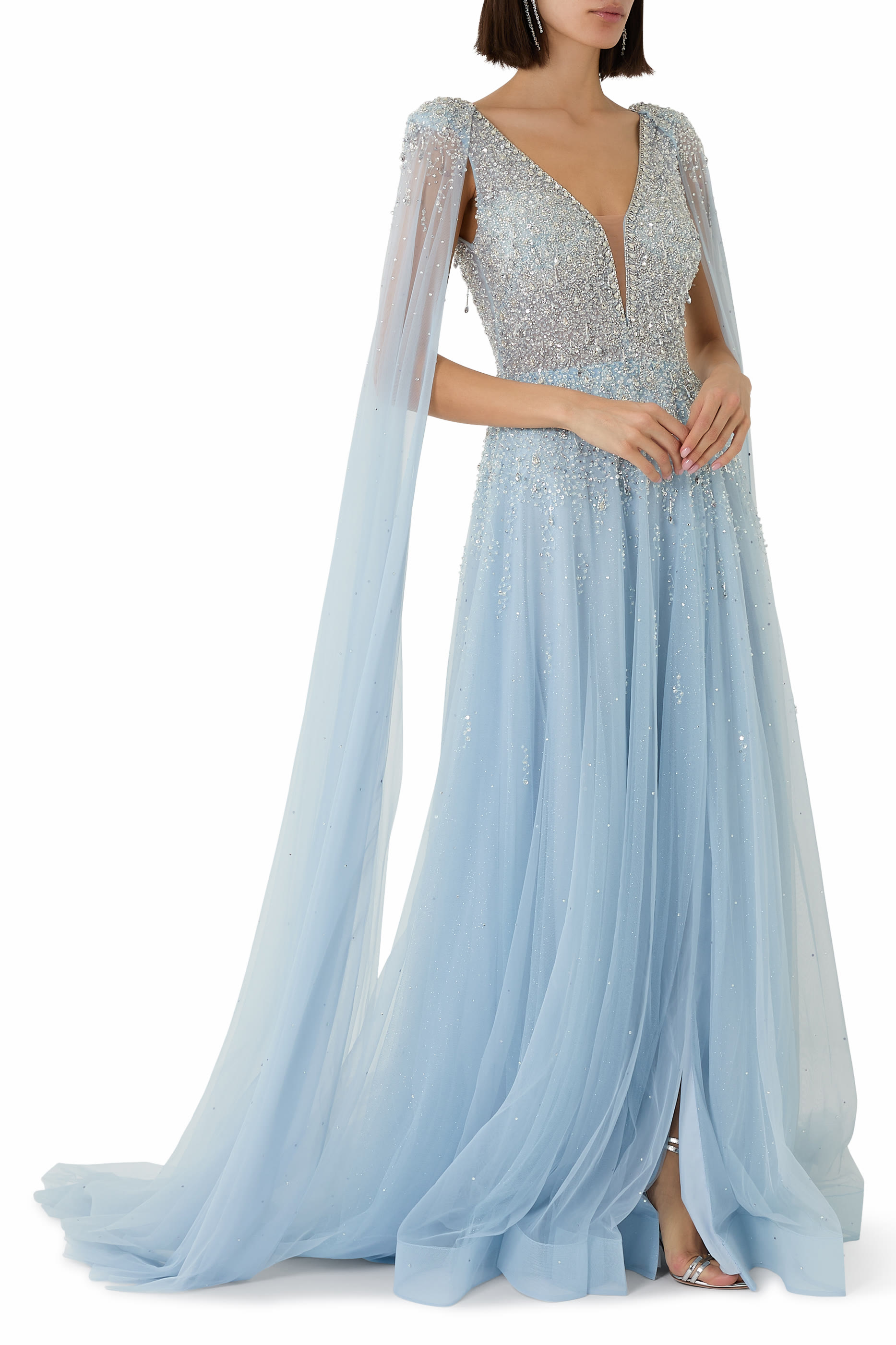 Sequin-Embellished Cape Gown