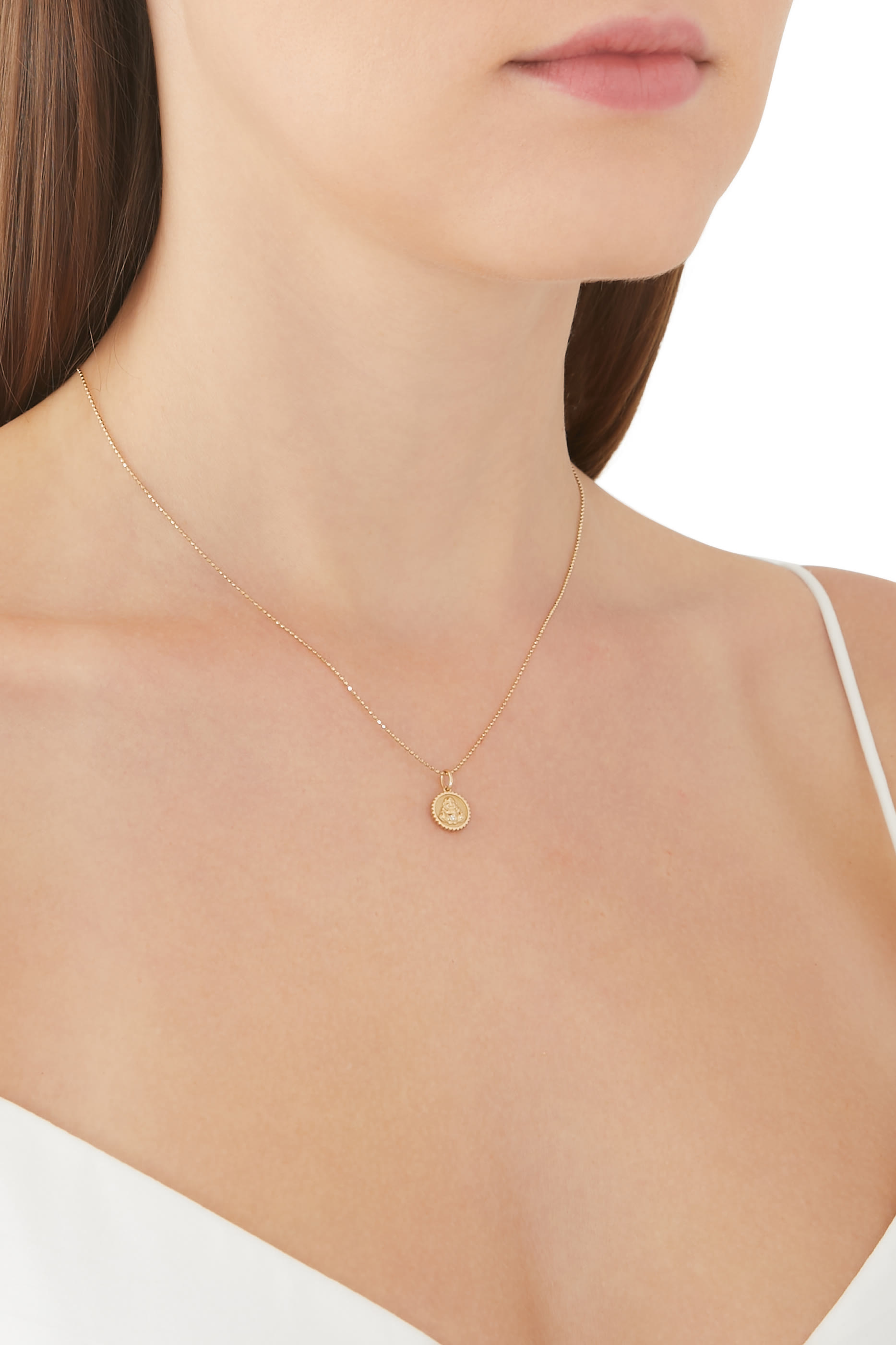 Sitting Budha Tiny Coin Necklace,  14K Yellow Gold & Diamonds