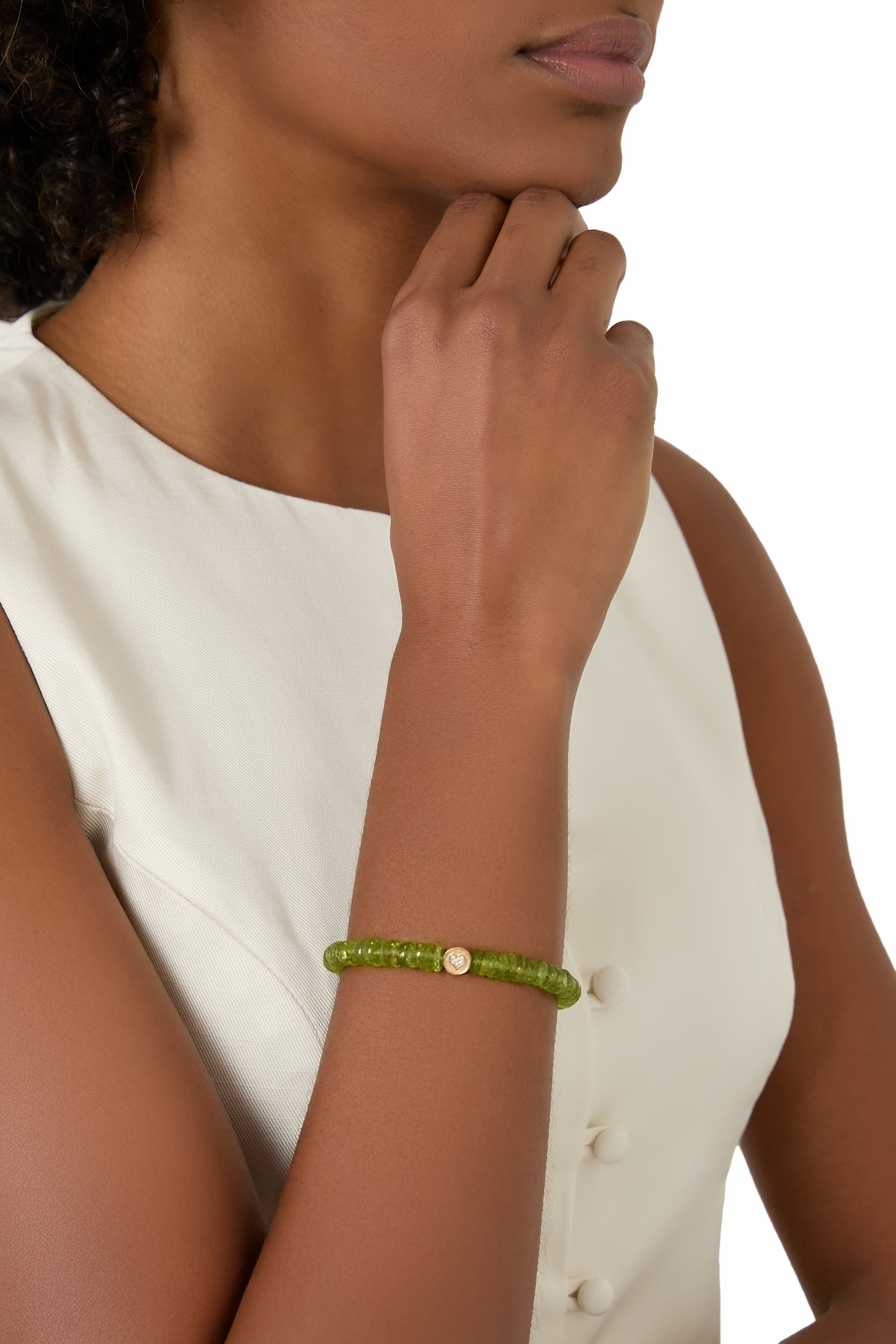 Peace & Love Charm Beaded Bracelet, 14K Yellow Gold with Diamonds & Peridot Beads