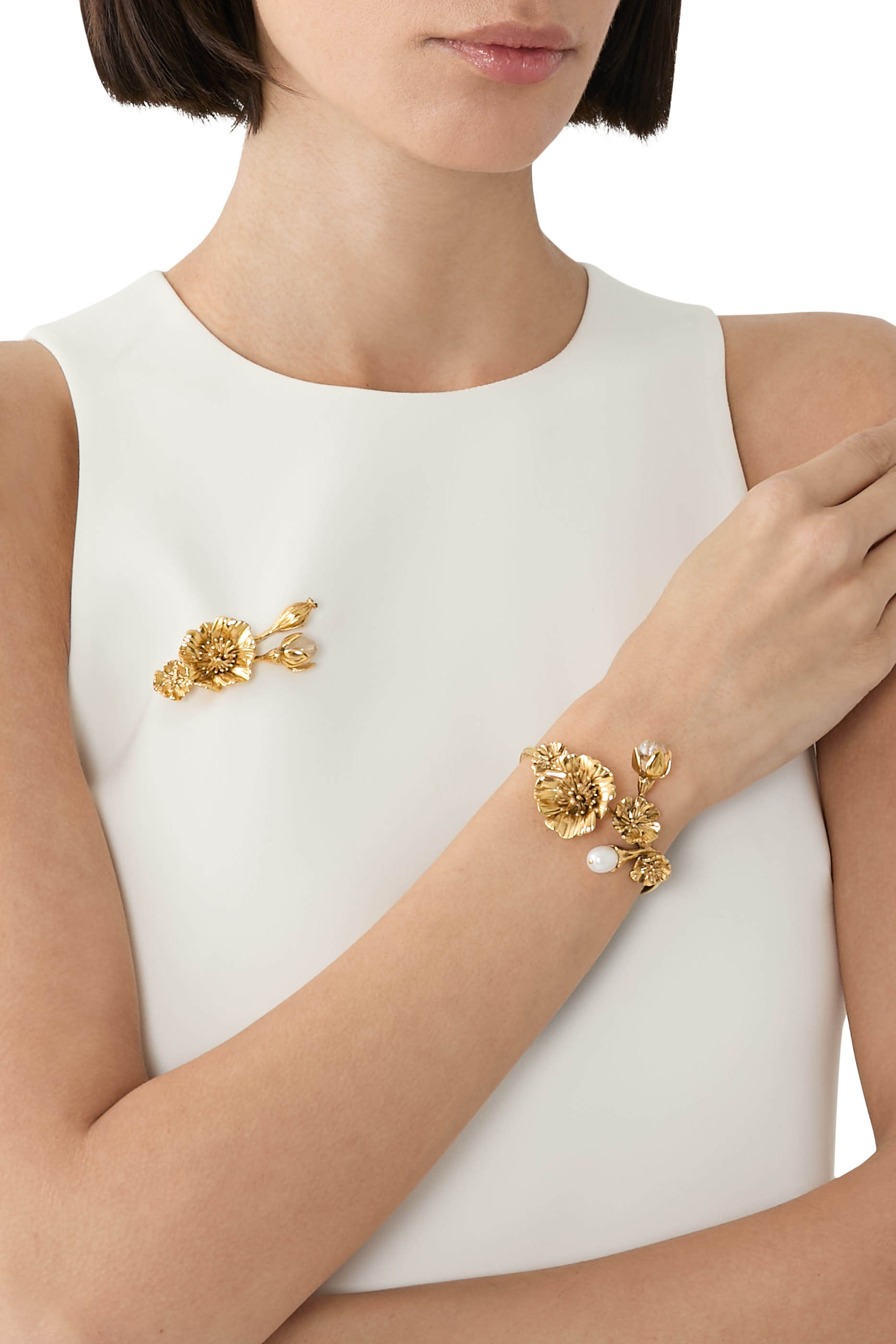 Fleur de Pavot Pearl Bracelet, 24K Gold-Plated Brass with Freshwater Pearl & Natural Rock Crystal