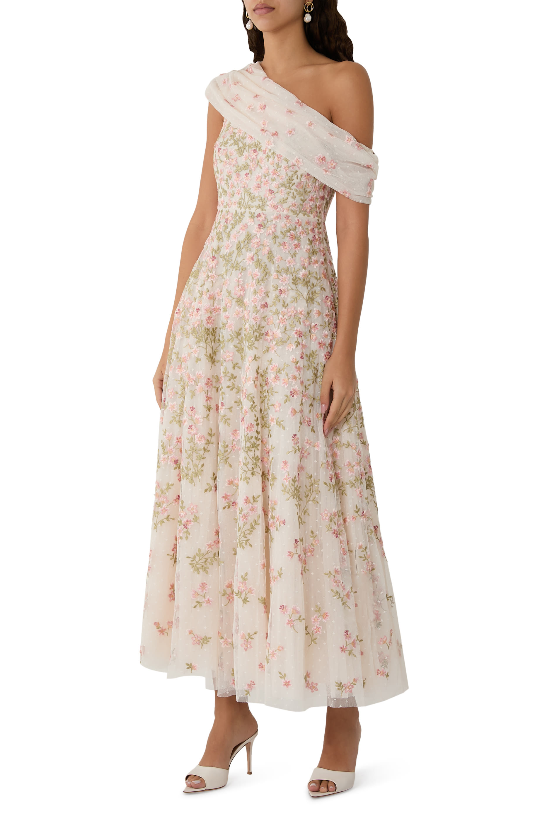 Everett Bloom One-Shoulder Ankle Gown