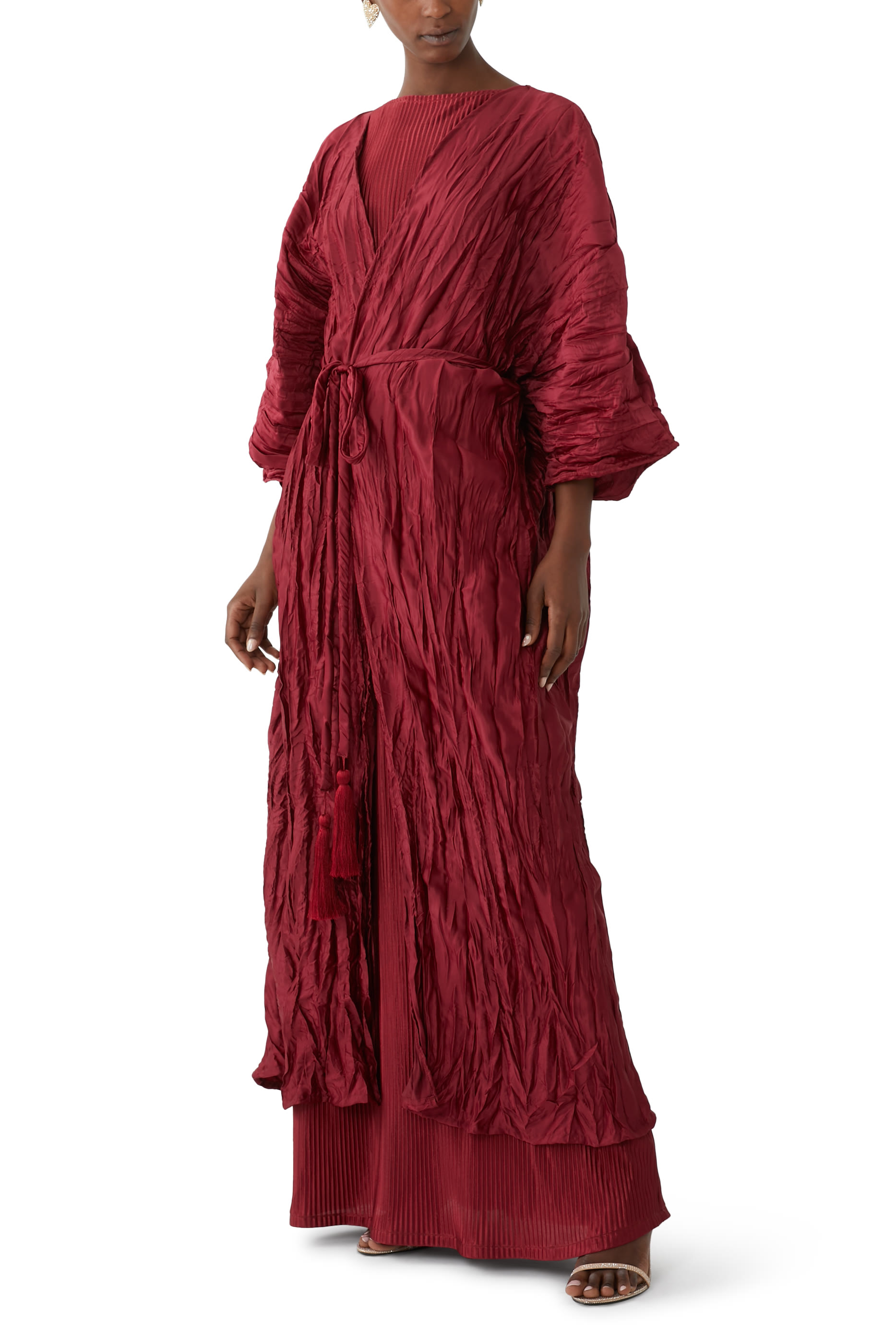 Crinkle Satin Bisht and Sleeveless Pleated Satin Dress Set
