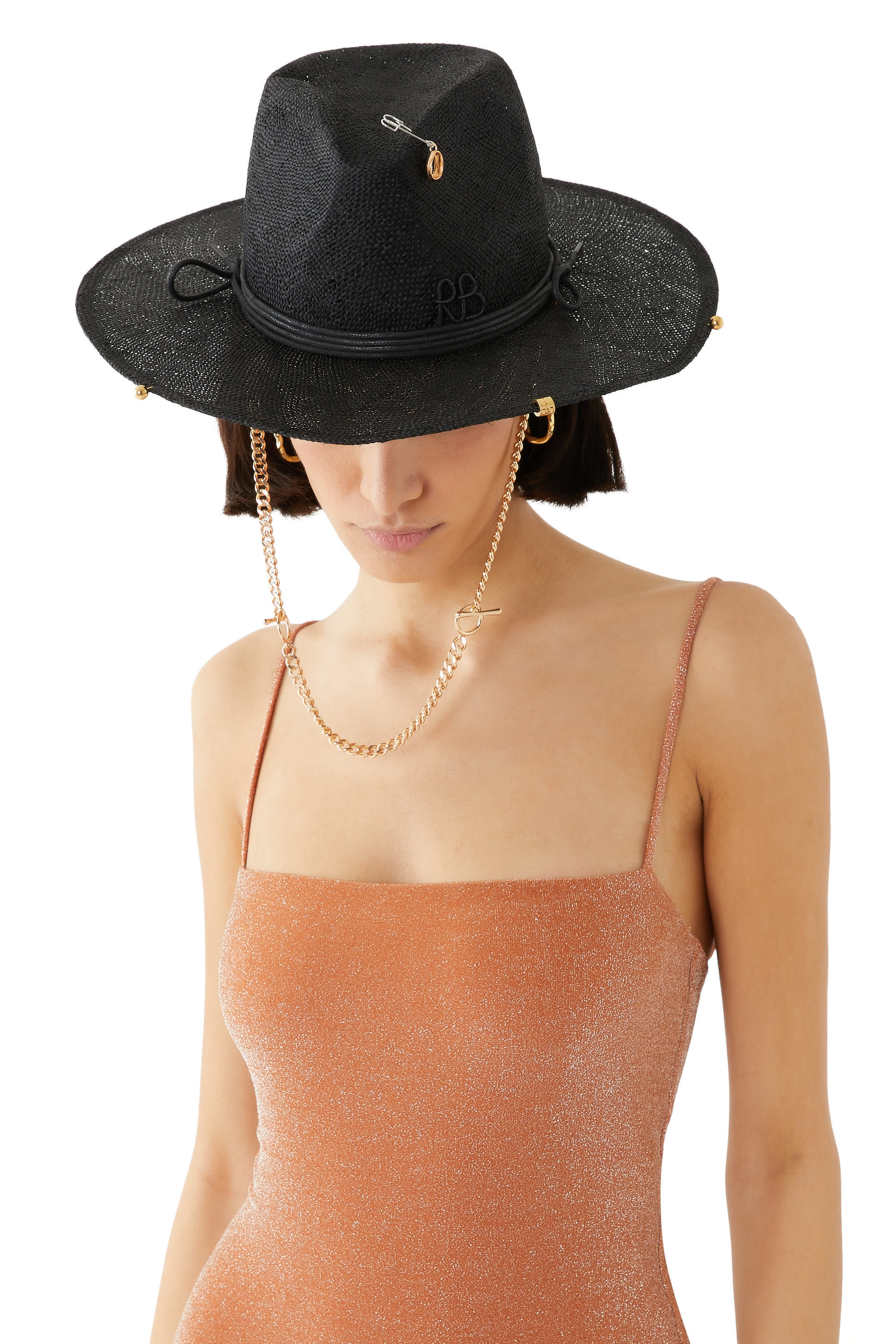 Chain Strap Straw Fedora Hat
