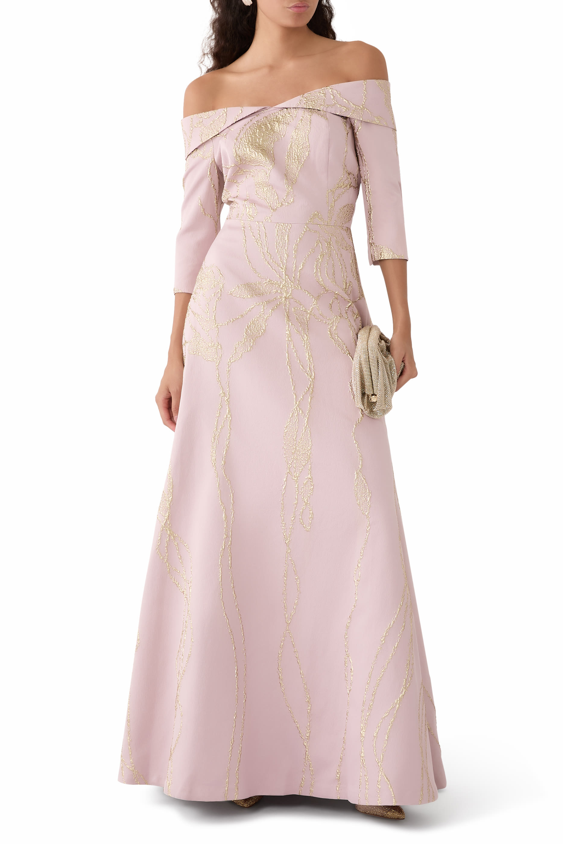 Jacquard Folded Off-Shoulder Gown