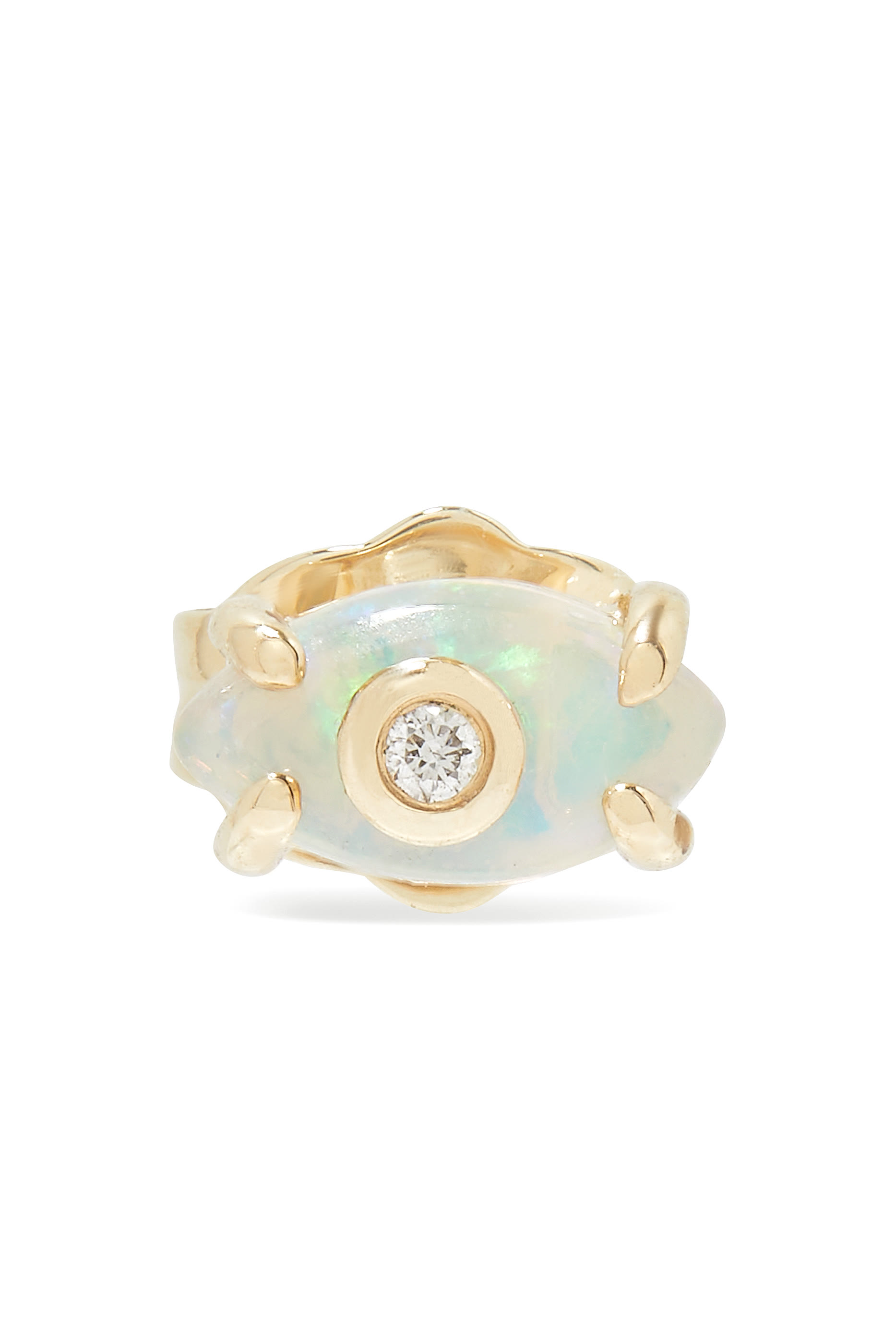 Tiny Carved Stone Evil Eye Single Stud Earring, 14k Yellow Gold, Opal & Diamond