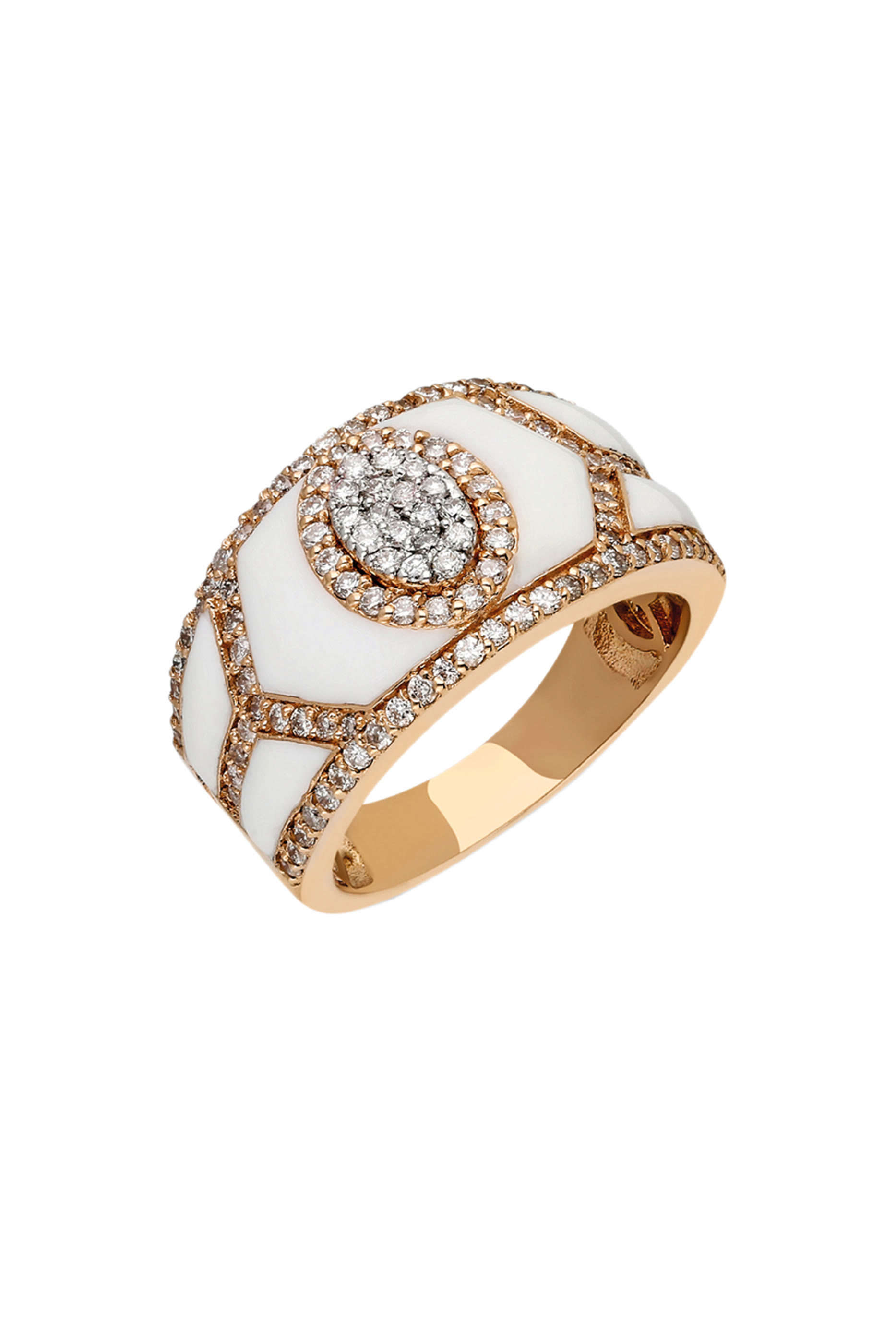 Shield Ring, 18k Pink Gold with White Enamel and Diamonds