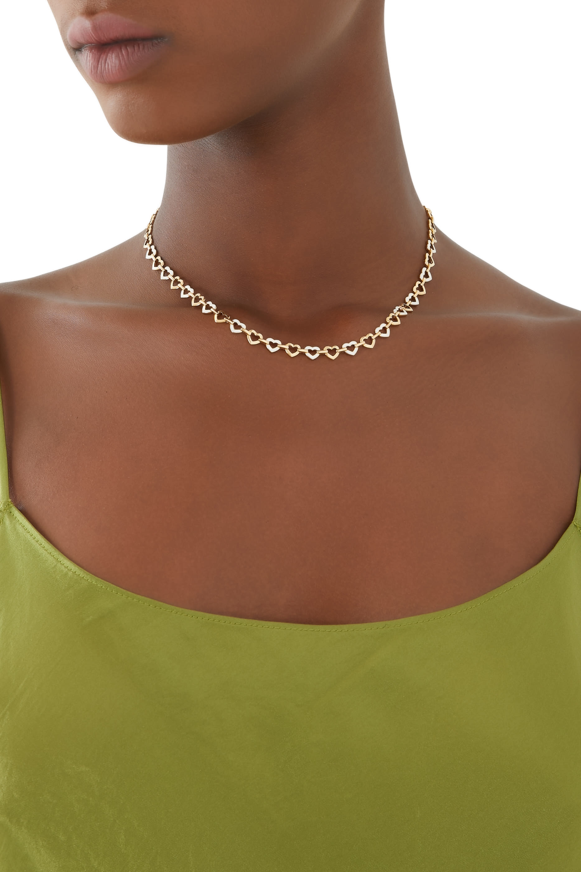 Heart Chain Necklace, 18k Yellow Gold & White Enamel