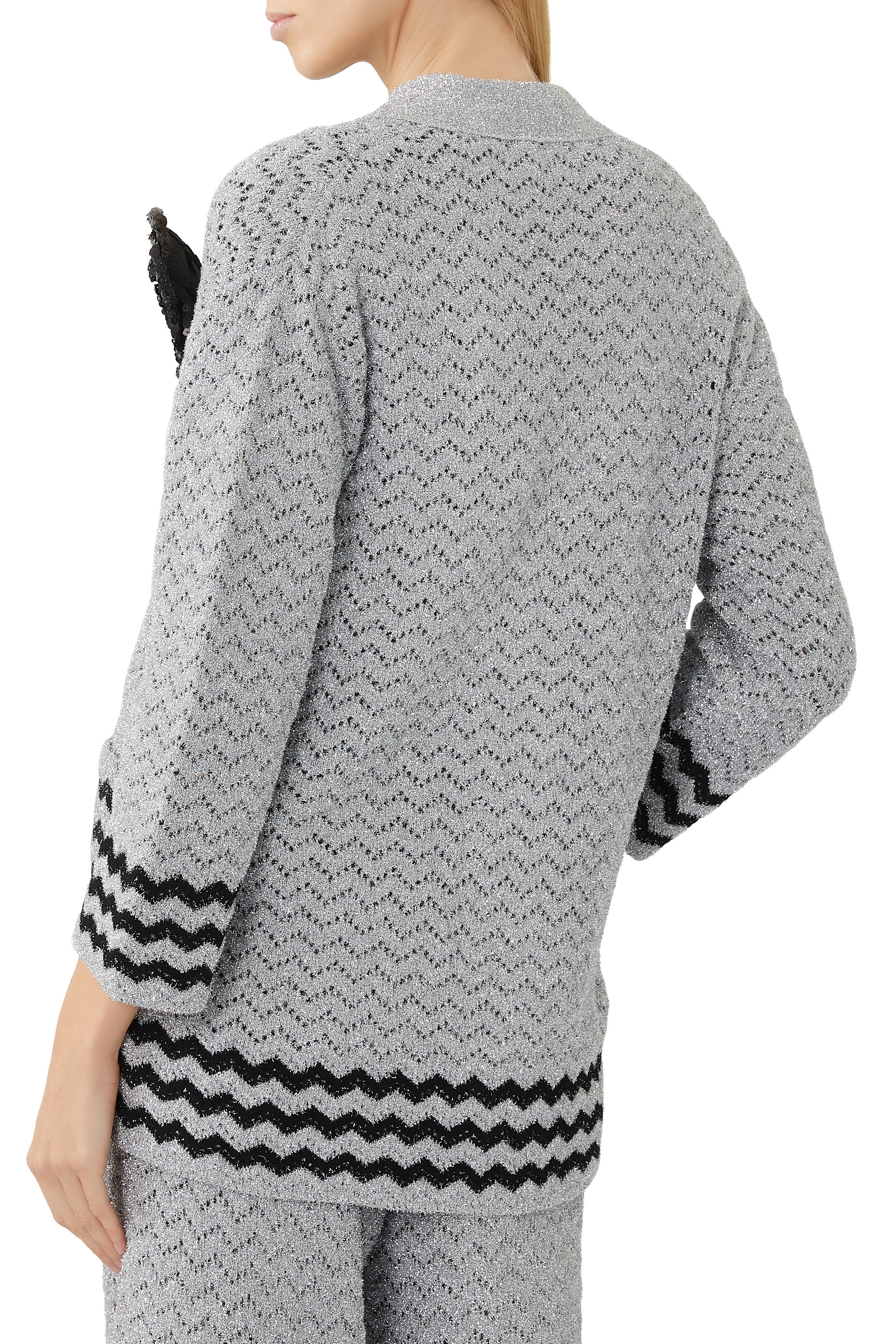 Nojum Zig-Zag Flower Appliqu&eacute; Lurex Cardigan