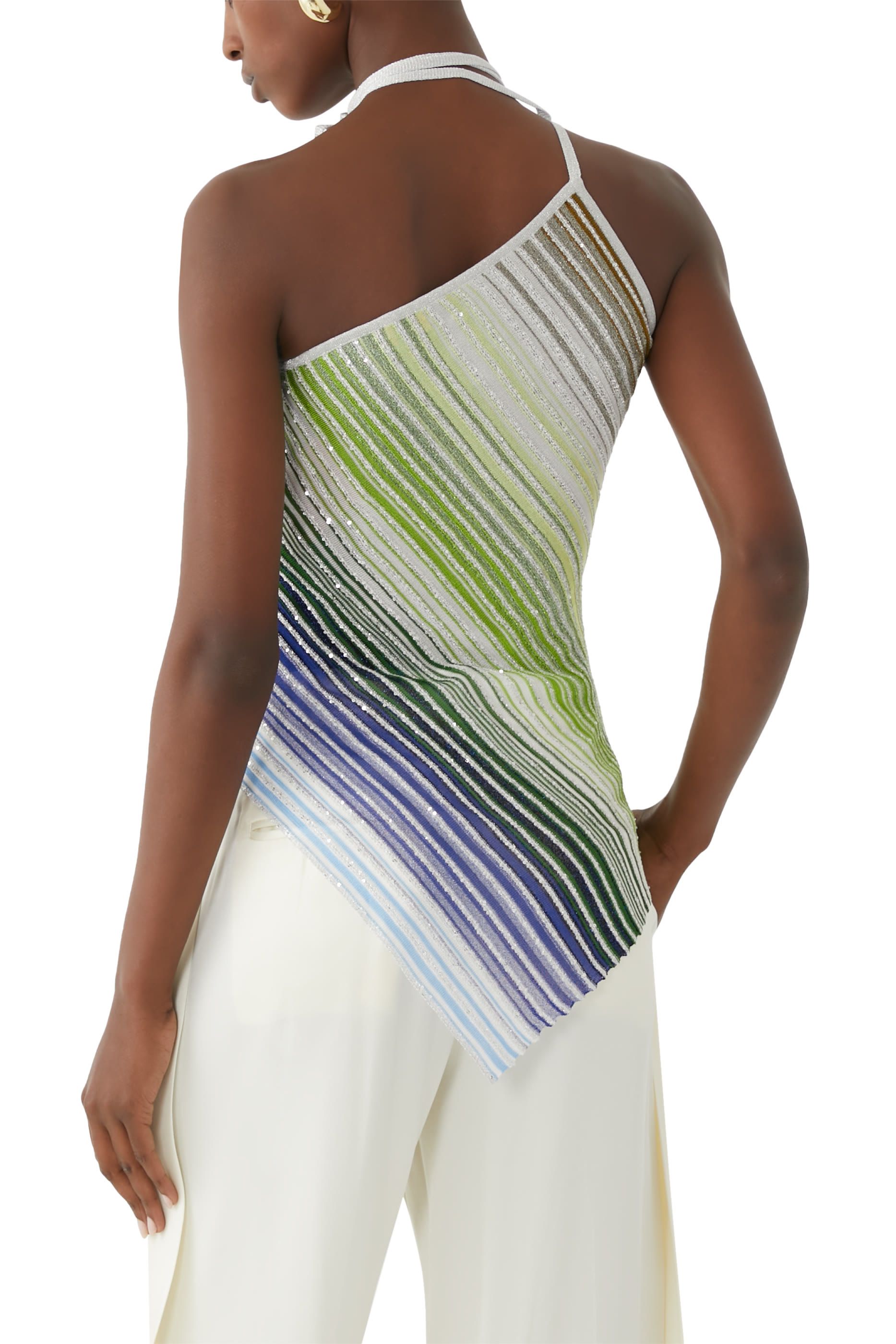 Asymmetrical One-Shoulder Partial Striped Top with Sequins