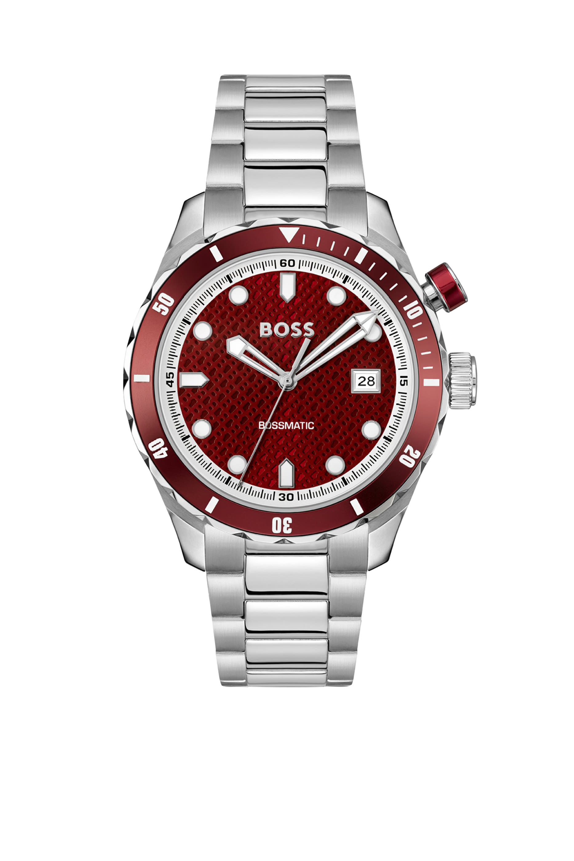 Silver-tone Automatic Watch with Red Monogram-Textured Dial