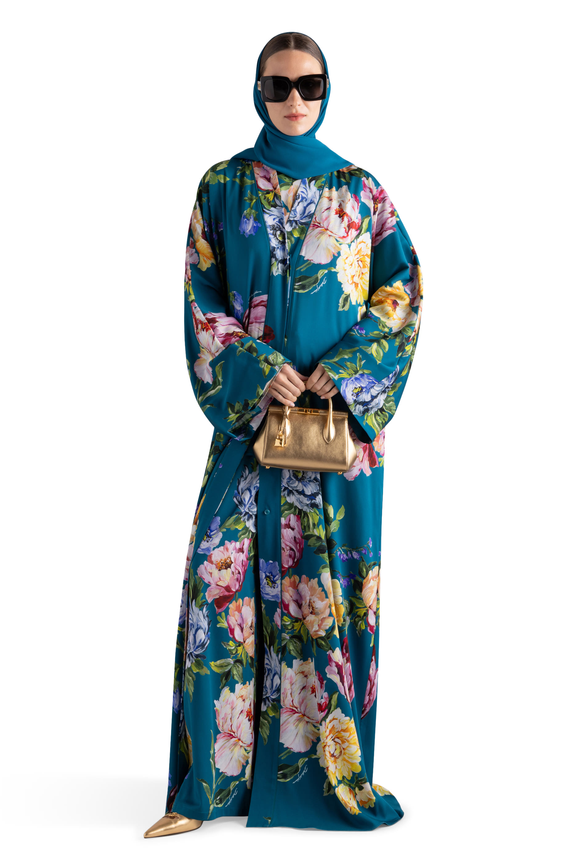 Peony-Print Charmeuse Kaftan