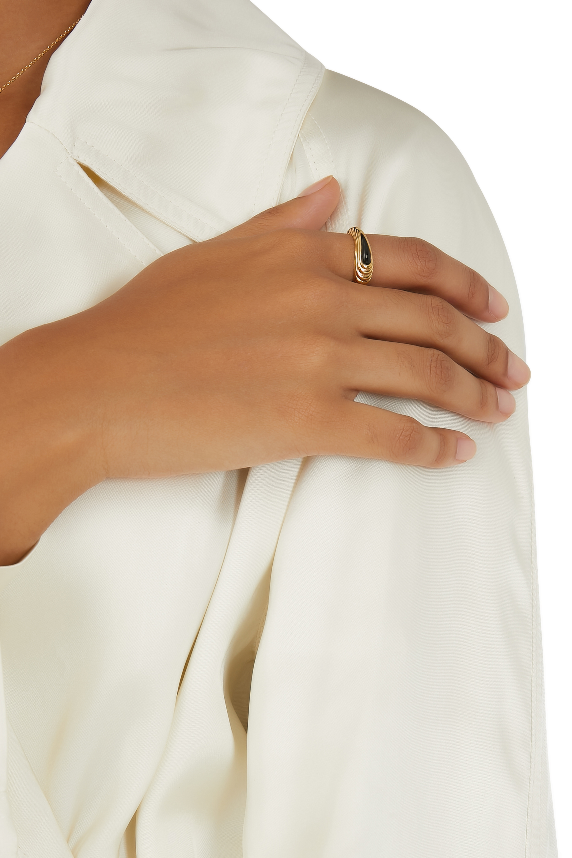 Wavy Ridge Stacking Ring, 18k Gold-Plated Sterling Silver & Onyx