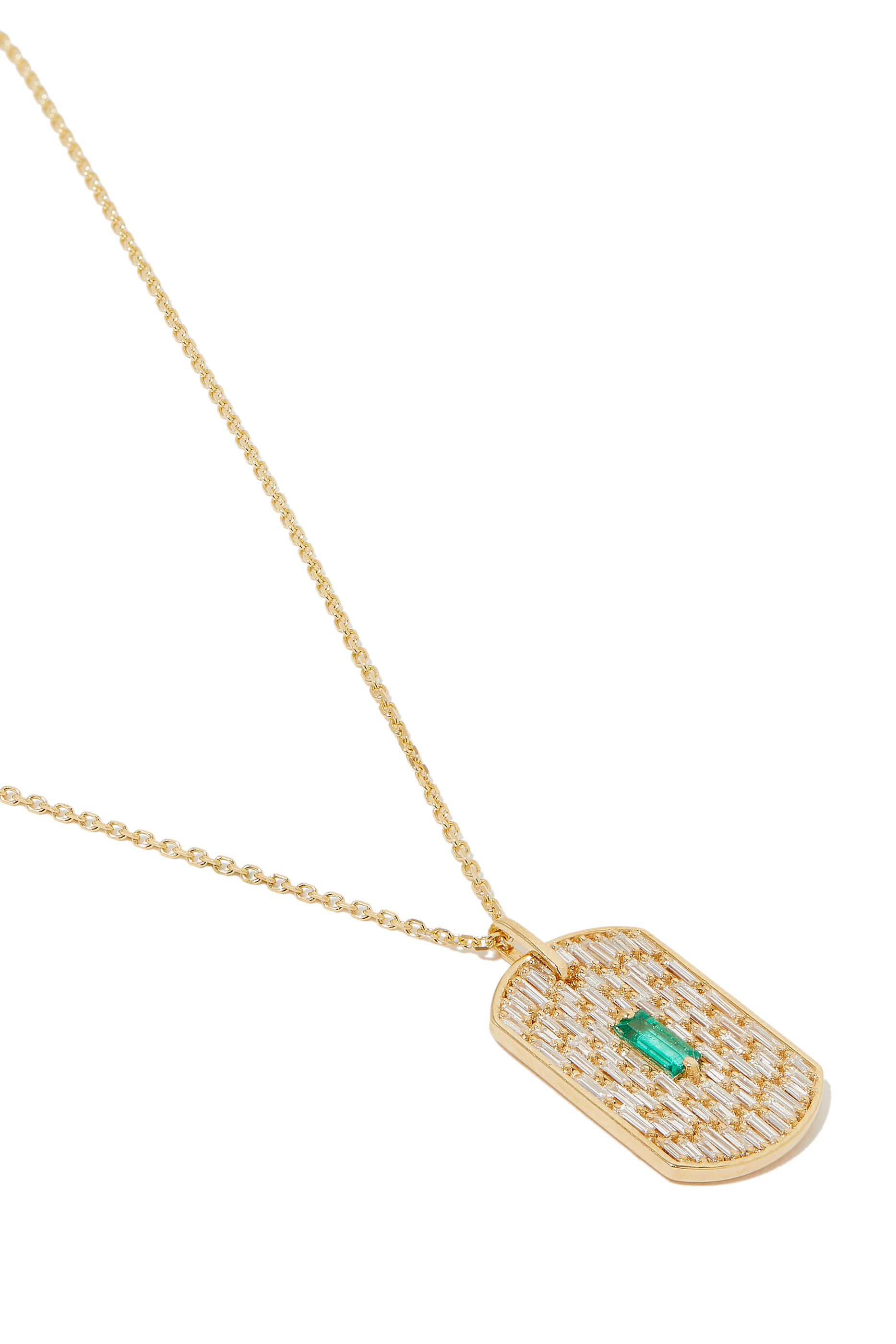 Dog Tag Chain Necklace, 18K Yellow Gold with Emerald & Diamond