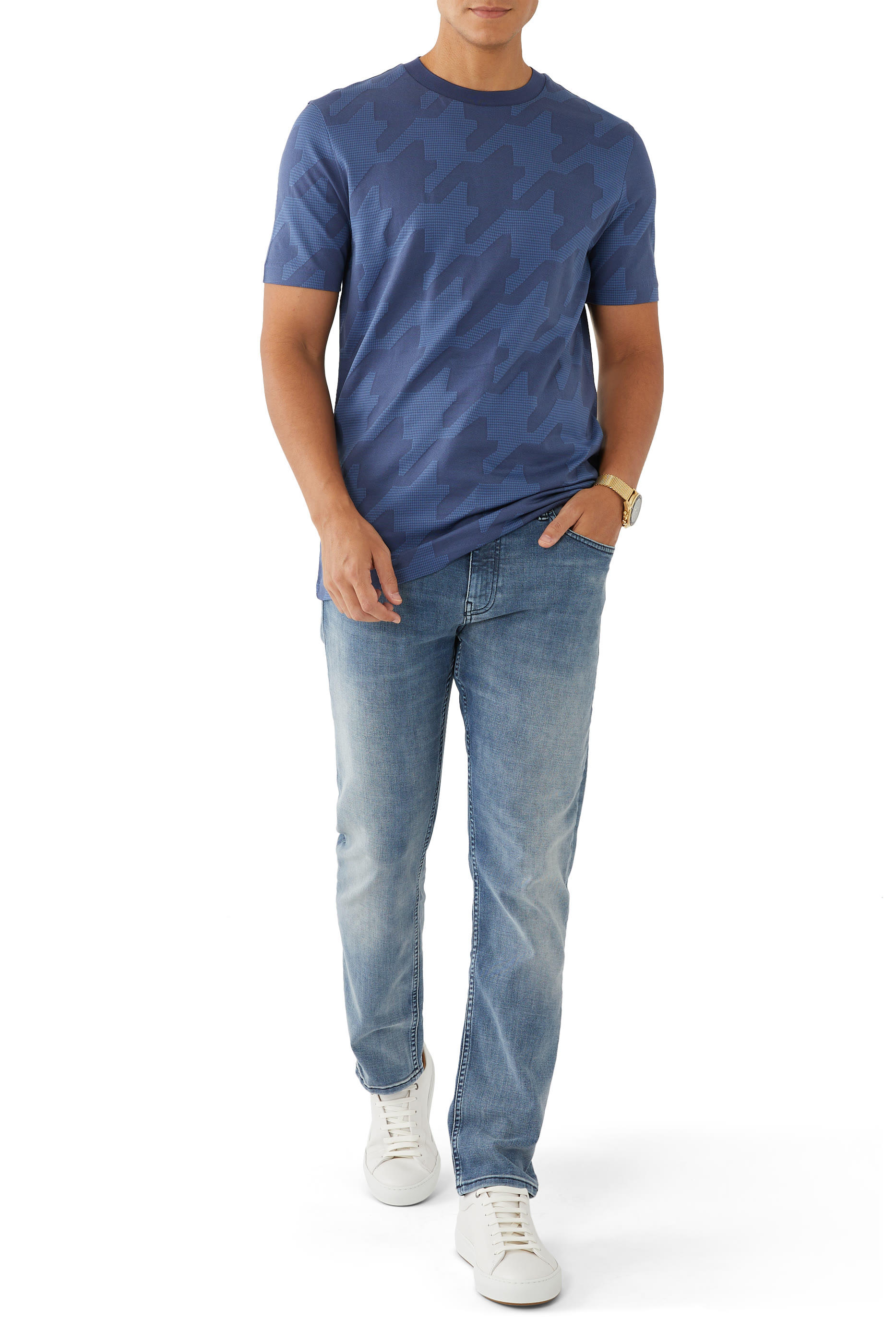 C-Thompson Shirt Mercerized-Cotton T-Shirt with Houndstooth Jacquard