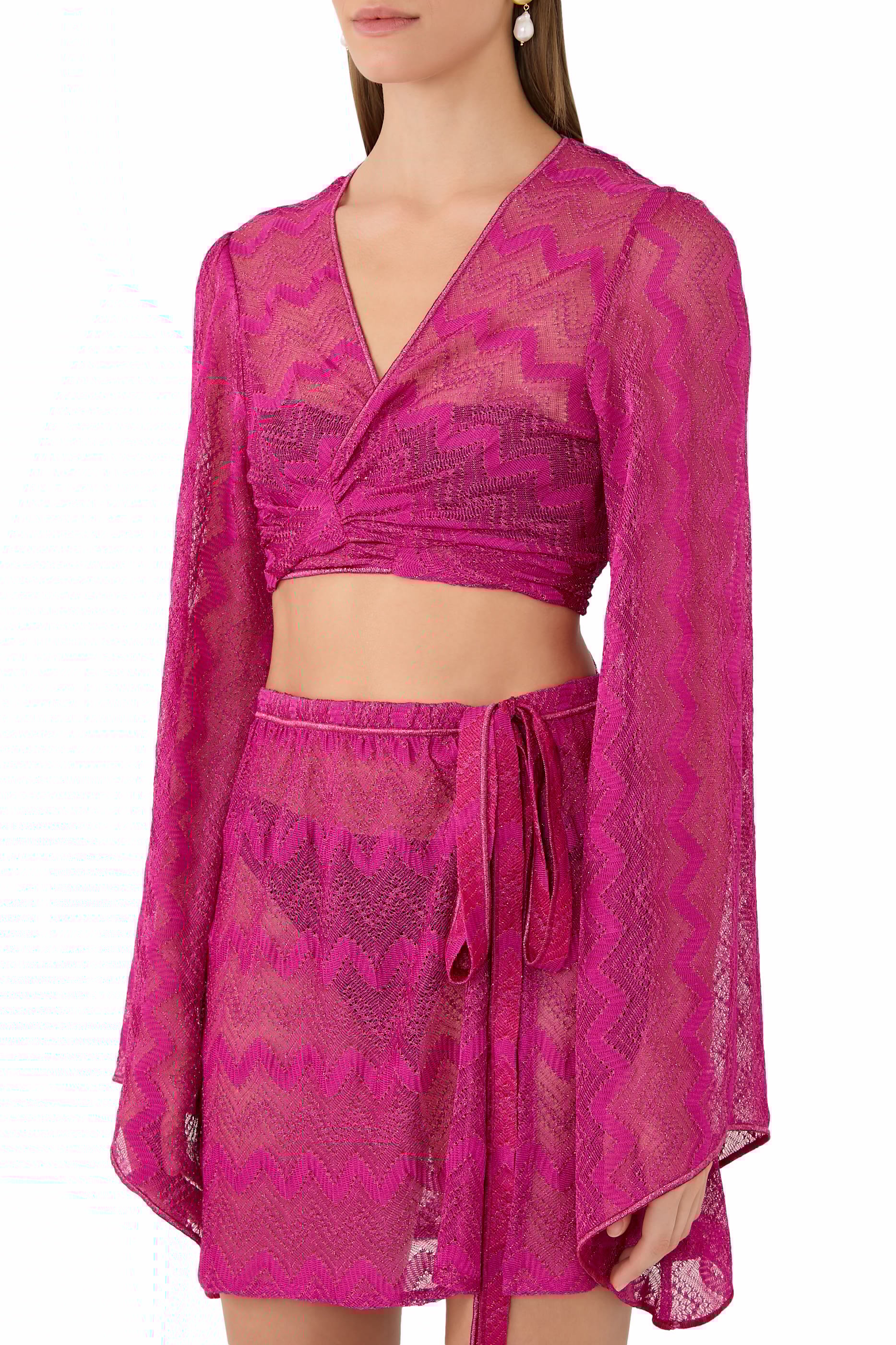 Mare Chevron Lace Raschel Long Sleeve Crop Top