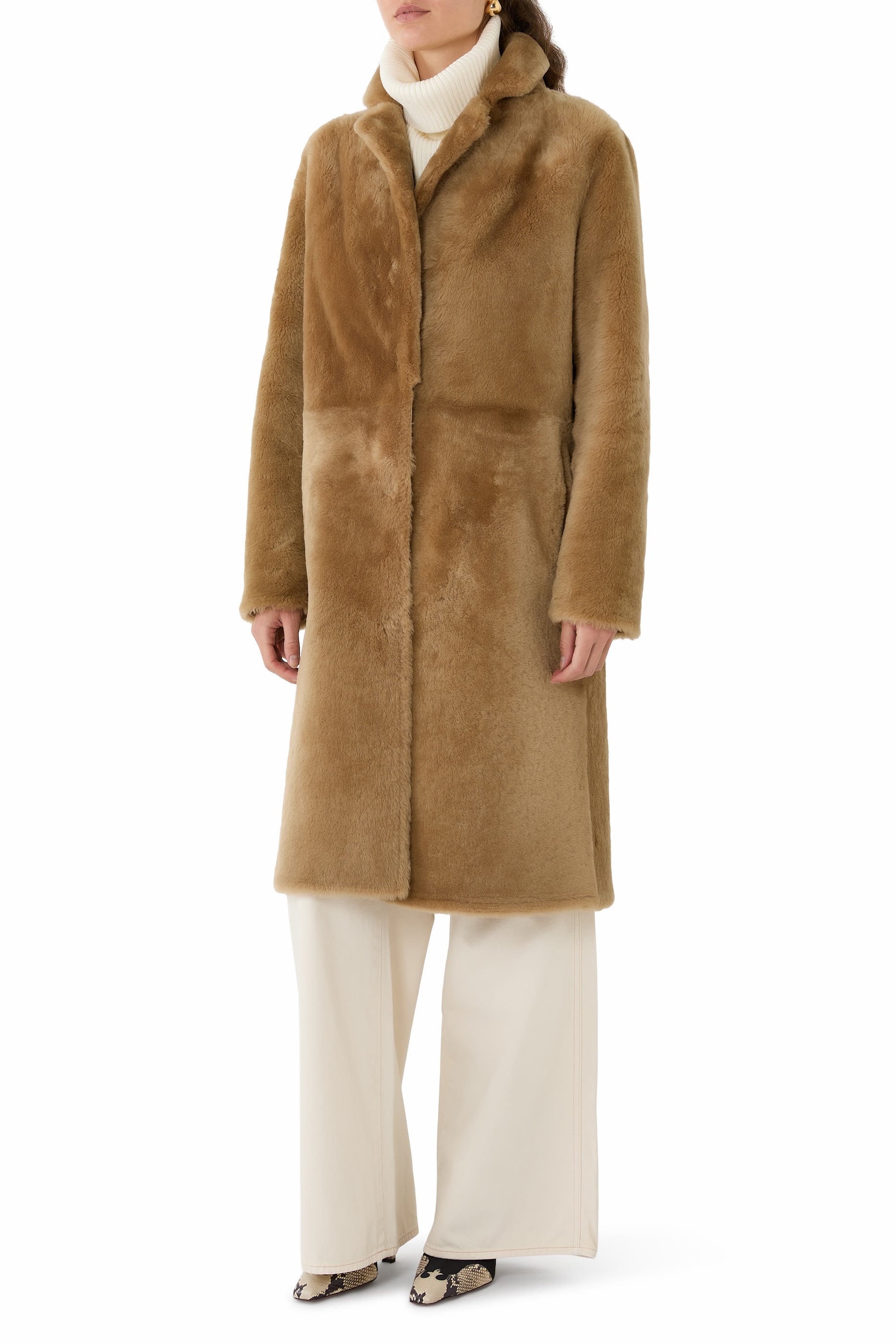 Notched-Lapel Slip-Pocket Shearling Coat